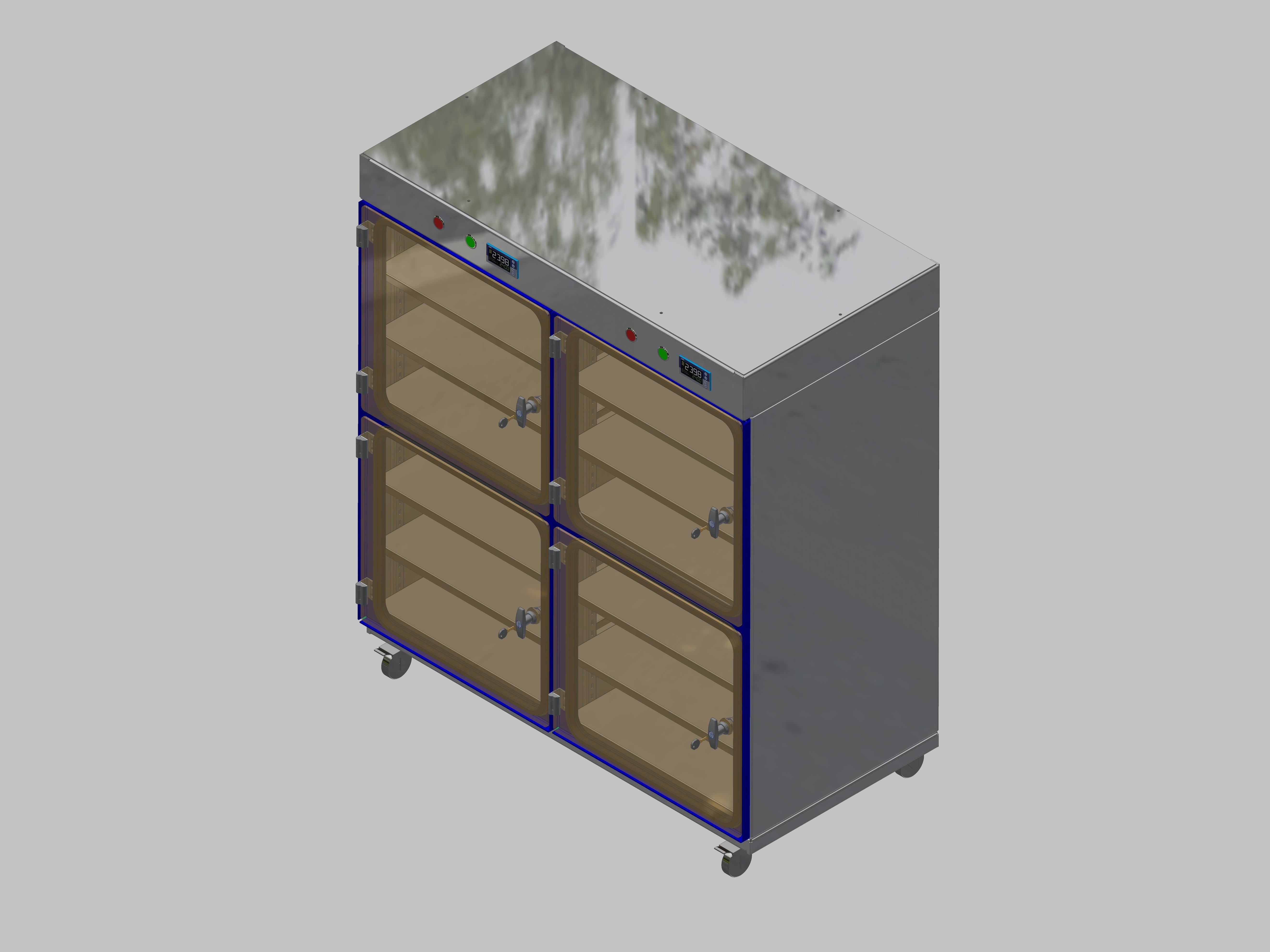 Dry storage cabinet-ITN-1200-4 with 3 shelves per compartment and base design with wheels