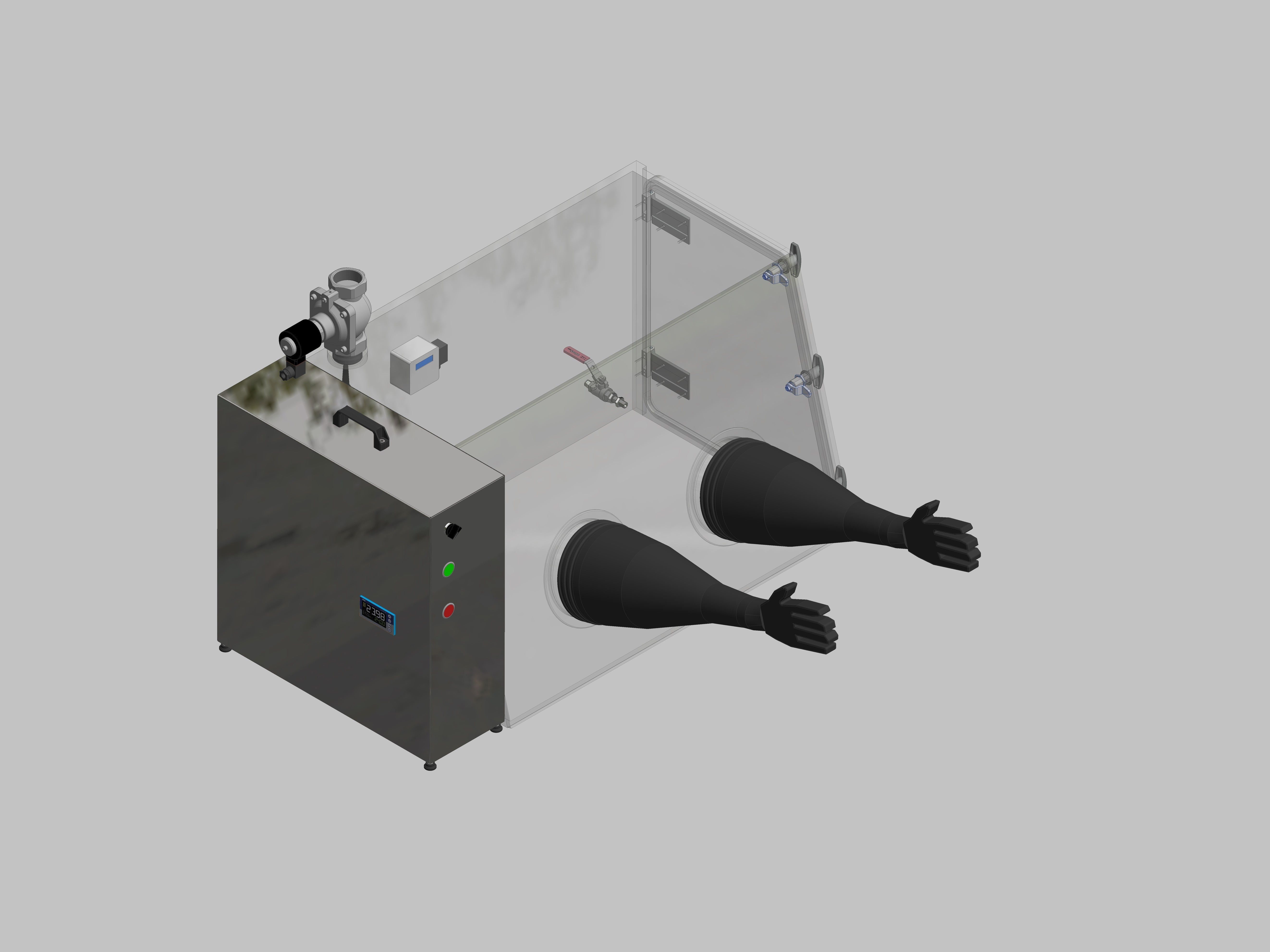 Glovebox aus Acryl> Gasbefüllung: Spülautomatik mit Druckregelung, Frontausführung: Standard, Seitenausführung: Flügeltüre Steuerung: Sauerstoffregler