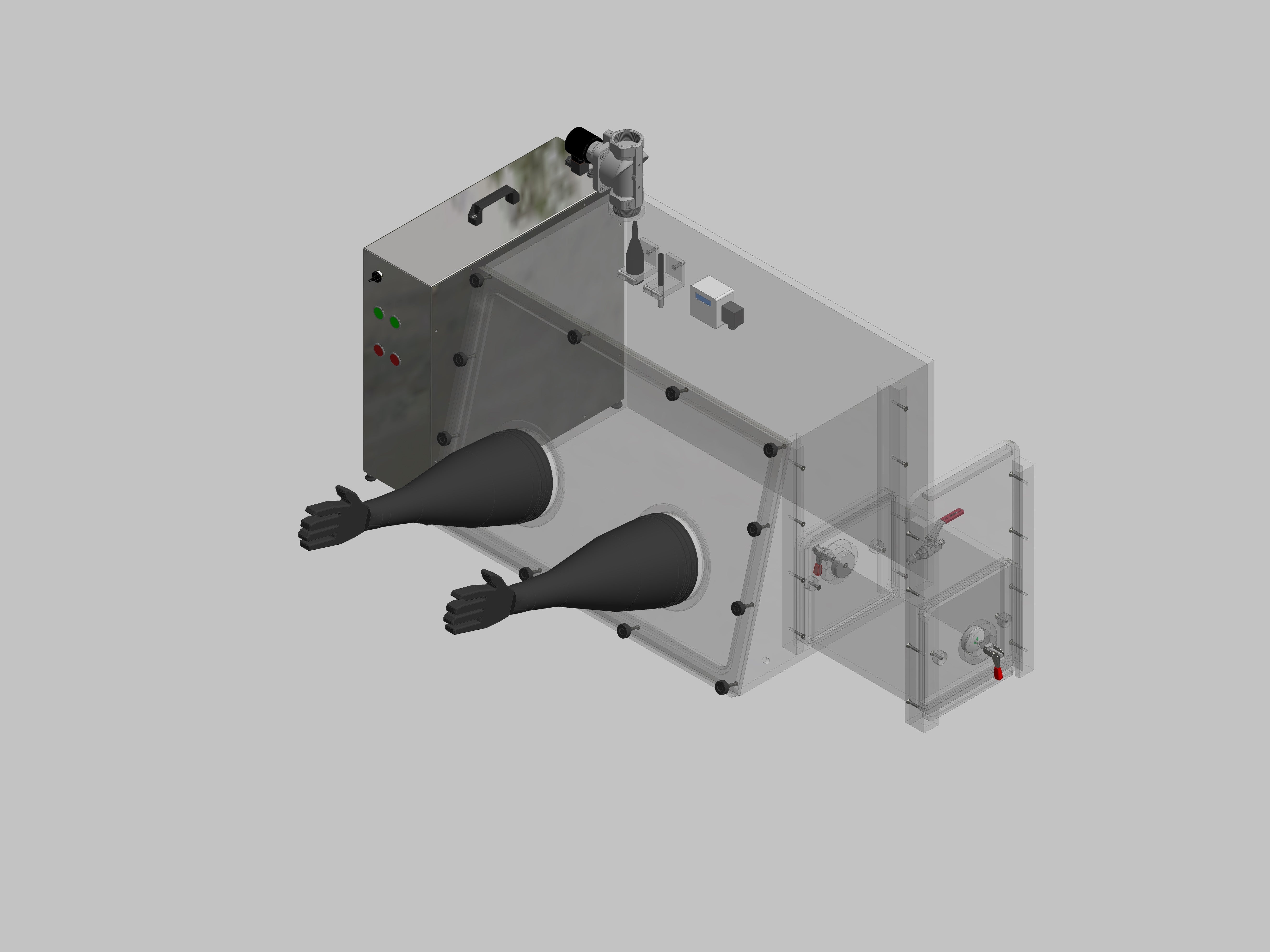 Glovebox aus Acryl> Gasbefüllung: Spülautomatik mit Druckregelung, Frontausführung: abnehmbar Seitenausführung: Rechteckschleuse Steuerung: Sauerstoff- und Feuchteregler