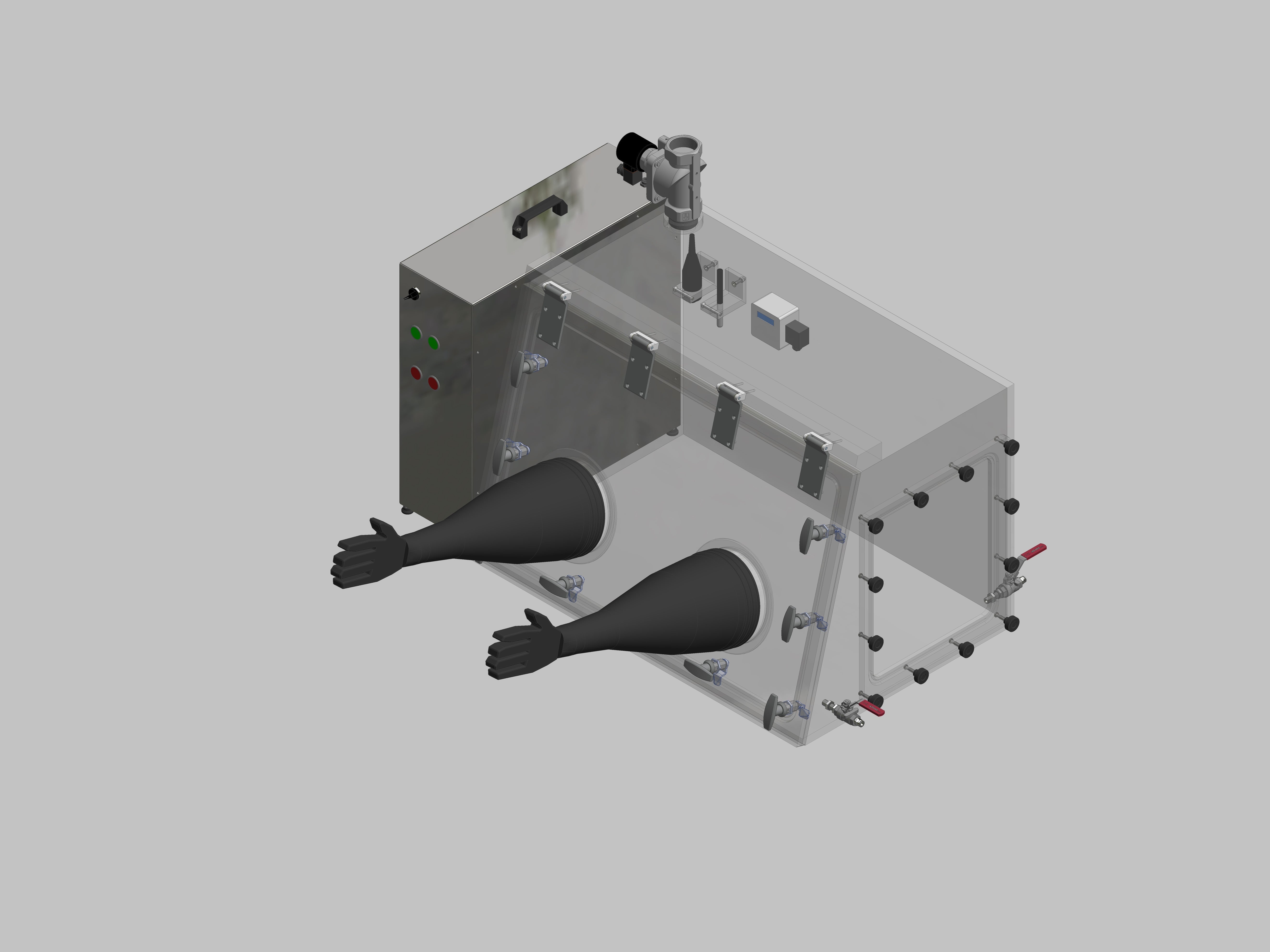 Glovebox aus Acryl> Gasbefüllung: Spülautomatik mit Druckregelung, Frontausführung: Schwenkbar nach oben, Seitenausführung: Flansch abnehmbar Steuerung: Sauerstoffregler mit Feuchteanzeige
