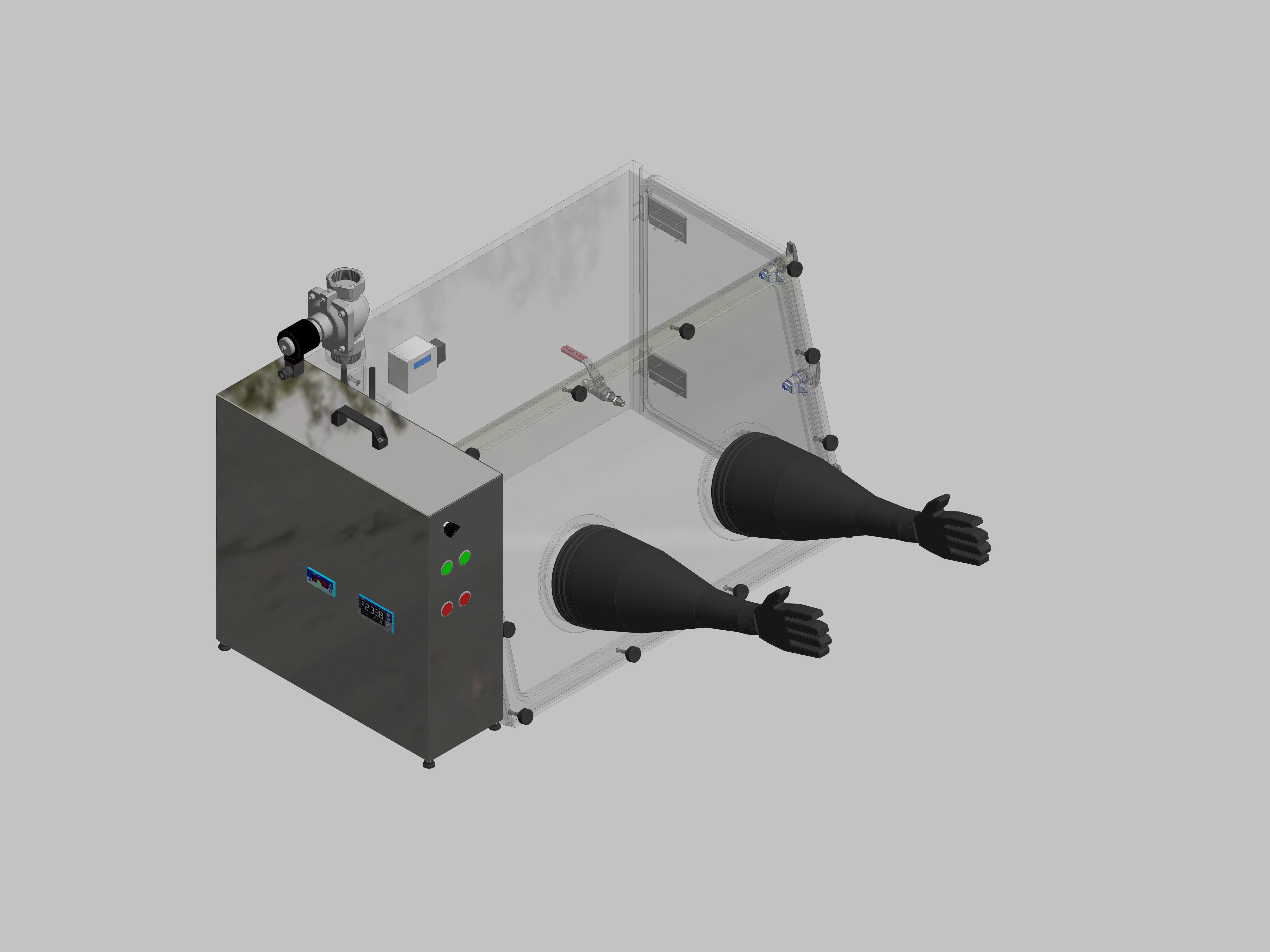 Glovebox made of acrylic&gt; Gas filling: automatic flushing with pressure control, front design: removable, side design: hinged doors, control: oxygen regulator with humidity display