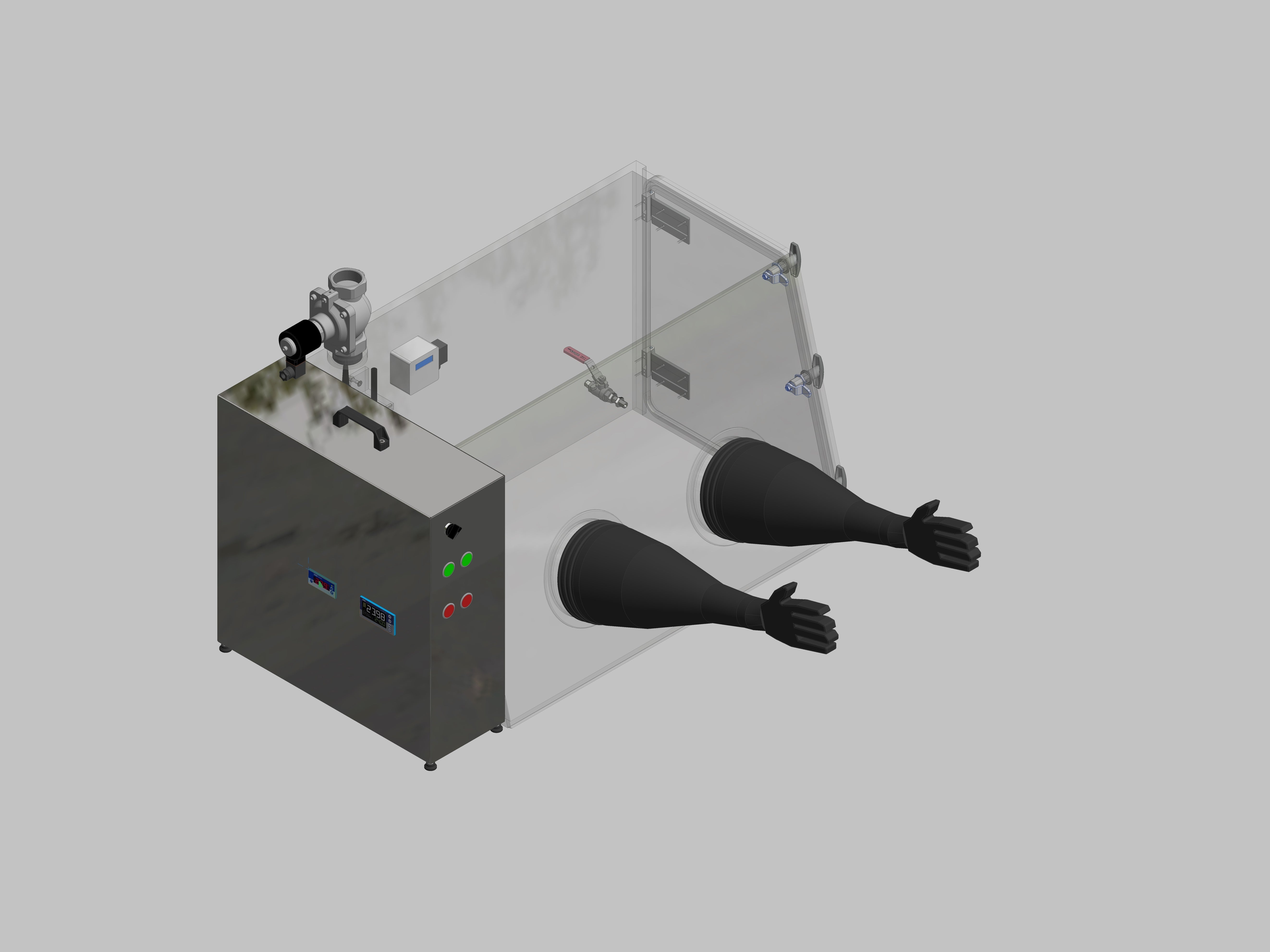 Glovebox made of acrylic&gt; Gas filling: automatic flushing with pressure control, front version: standard, side version: hinged doors Control: oxygen regulator with humidity display