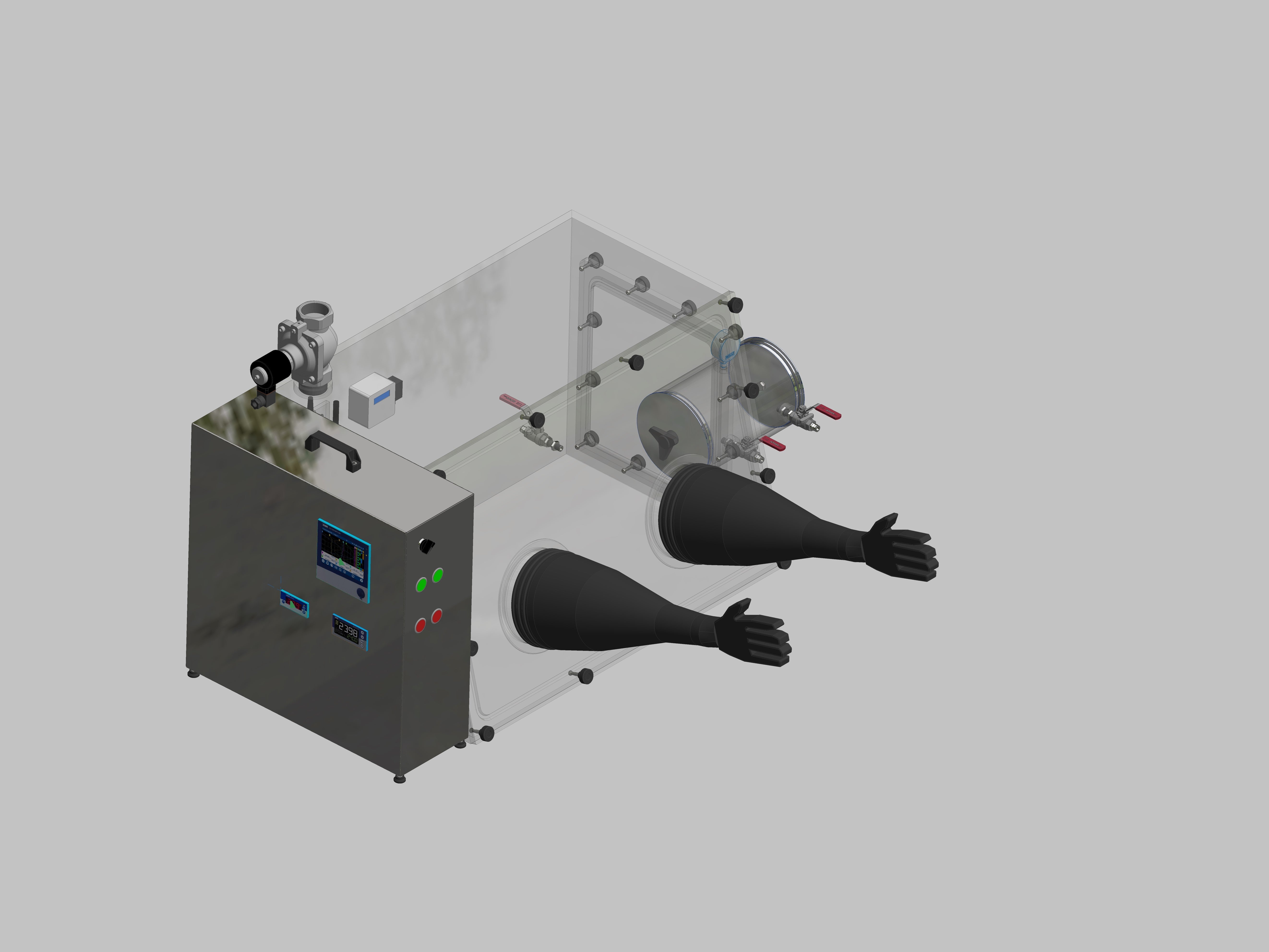 Glovebox aus Acryl> Gasbefüllung: Spülautomatik mit Druckregelung, Frontausführung: abnehmbar Seitenausführung: Vakuumschleuse rund, Steuerung: Sauerstoffregler und Feuchteanzeige mit Datenlogger