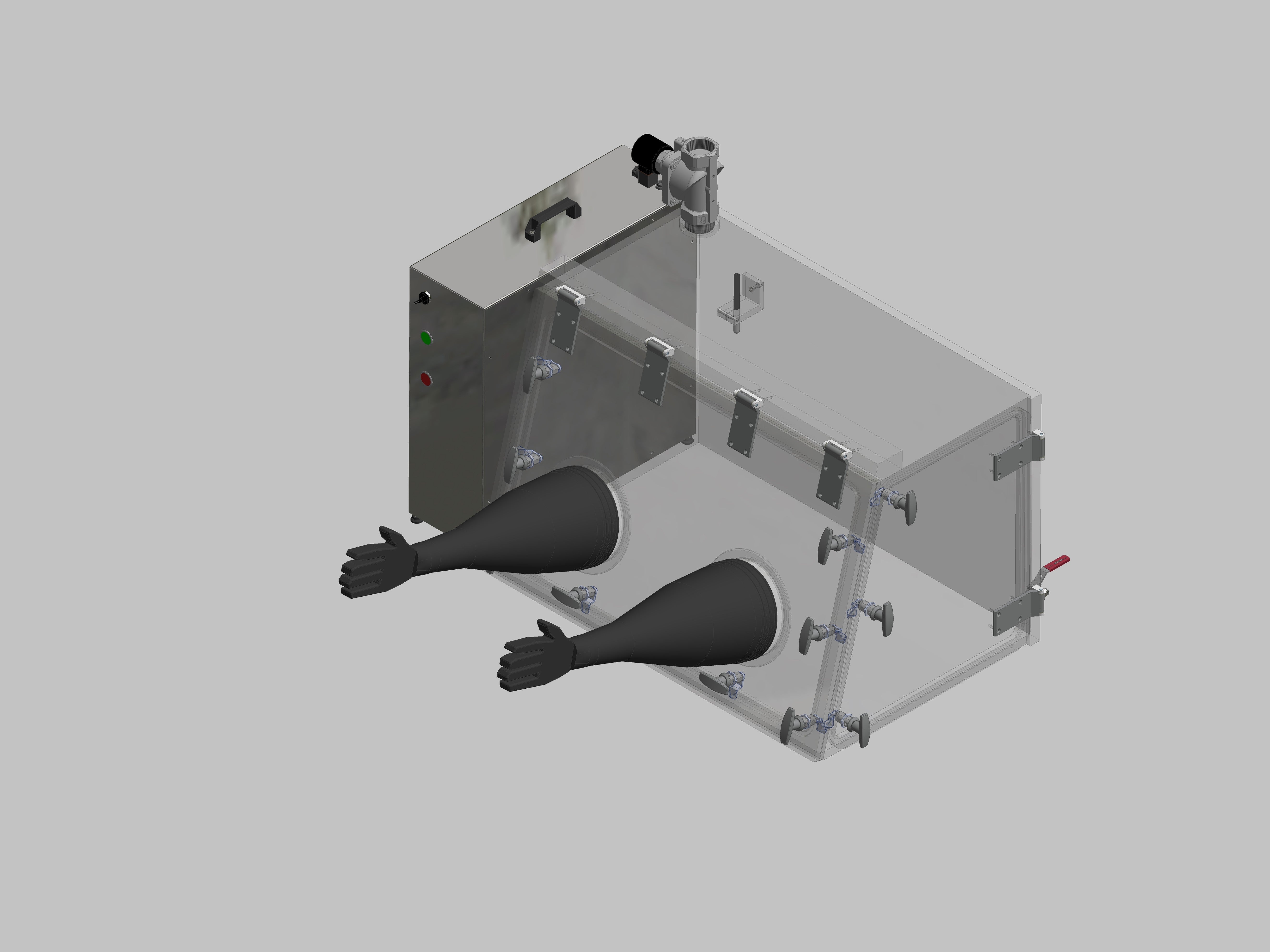 Glovebox aus Acryl> Gasbefüllung: Spülautomatik mit Druckregelung, Frontausführung: Schwenkbar nach oben, Seitenausführung: Flügeltüre