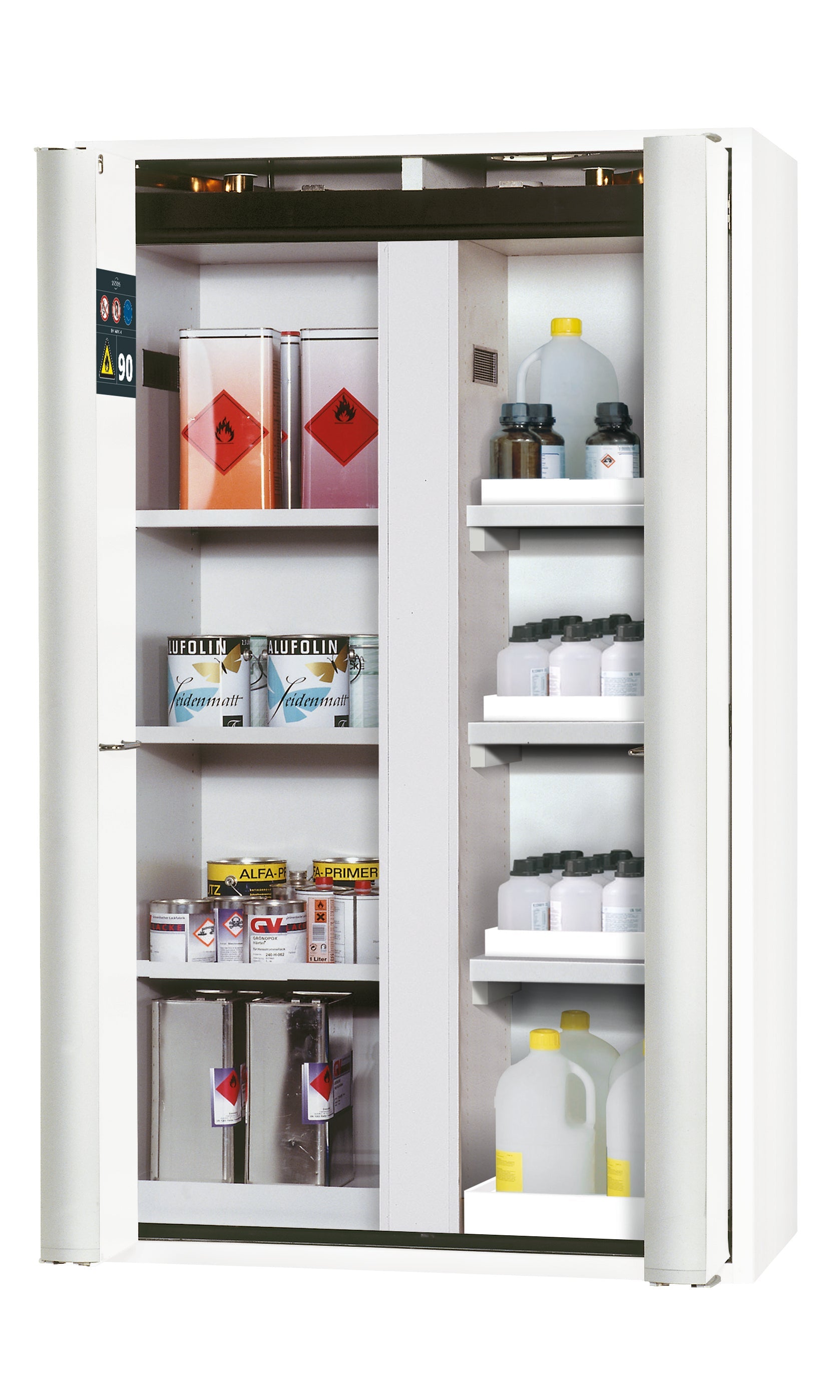 Type 90 safety cabinet S-PHOENIX-90 model S90.196.120.MV.FDAS in laboratory white (similar to RAL 9016) with 3x standard shelves (sheet steel)