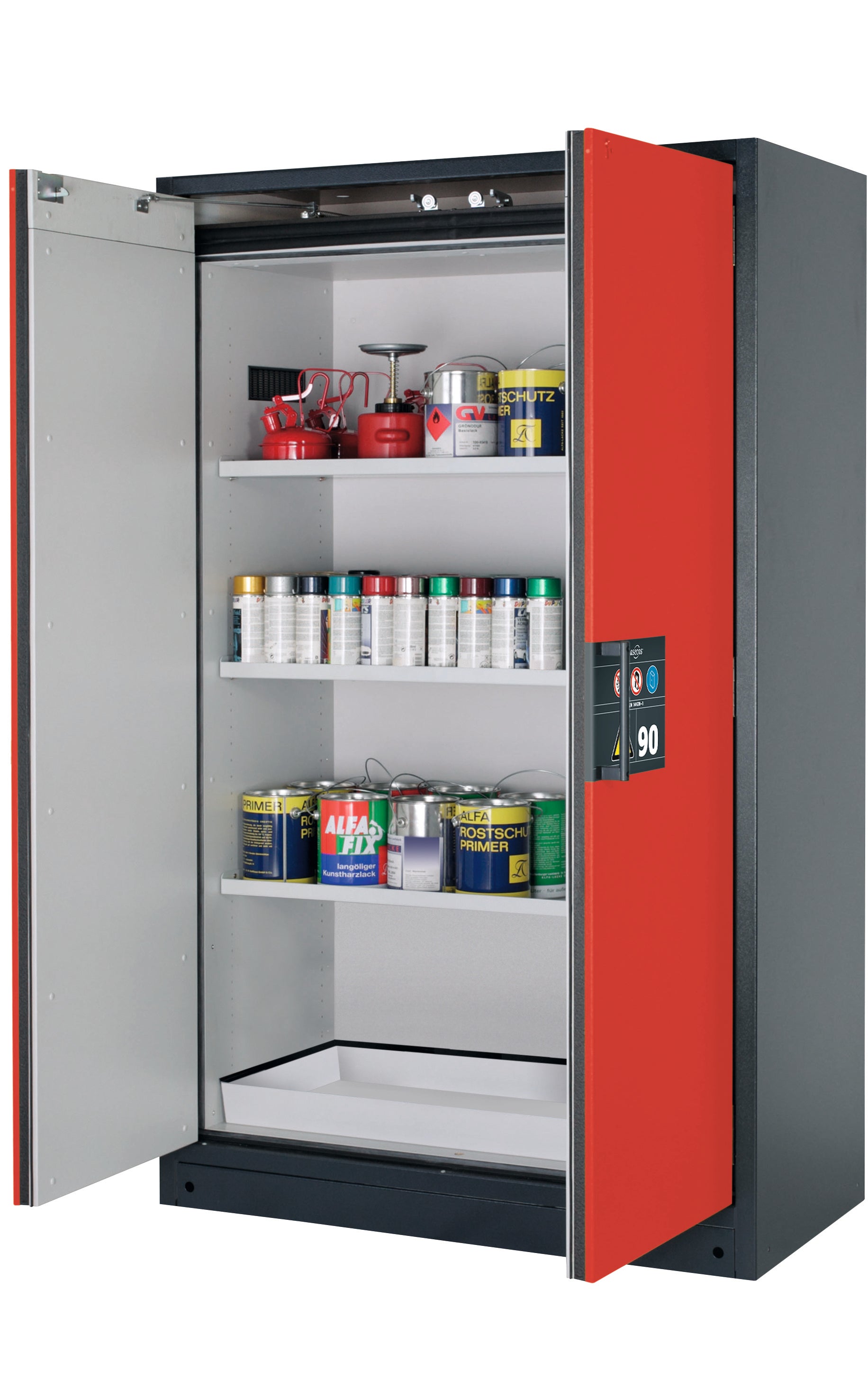 Type 90 safety storage cabinet Q-CLASSIC-90 model Q90.195.120 in traffic red RAL 3020 with 3x shelf standard (sheet steel),