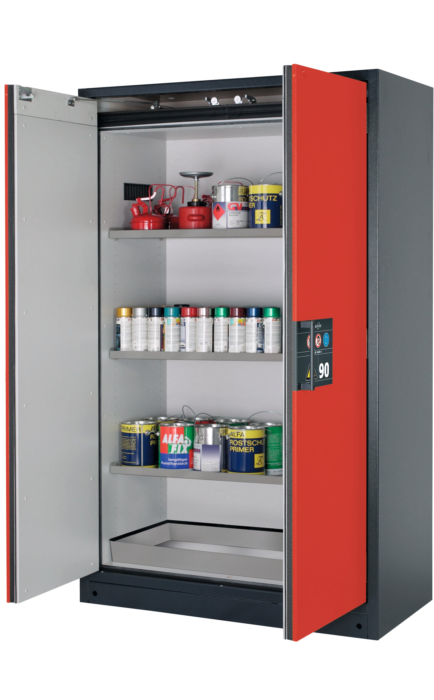 Type 90 safety storage cabinet Q-CLASSIC-90 model Q90.195.120 in traffic red RAL 3020 with 3x shelf standard (stainless steel 1.4301),