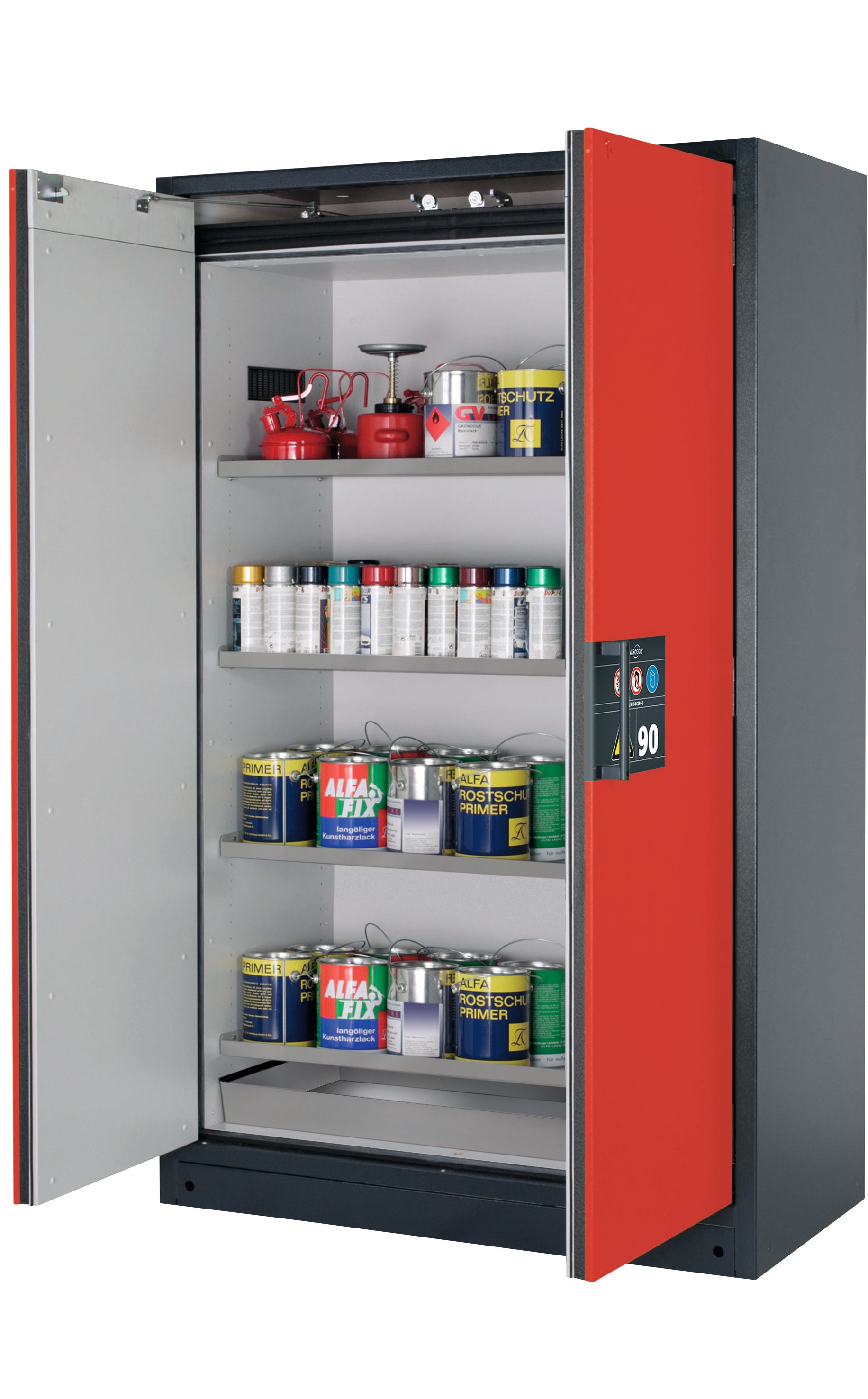 Type 90 safety storage cabinet Q-CLASSIC-90 model Q90.195.120 in traffic red RAL 3020 with 4x shelf standard (stainless steel 1.4301),