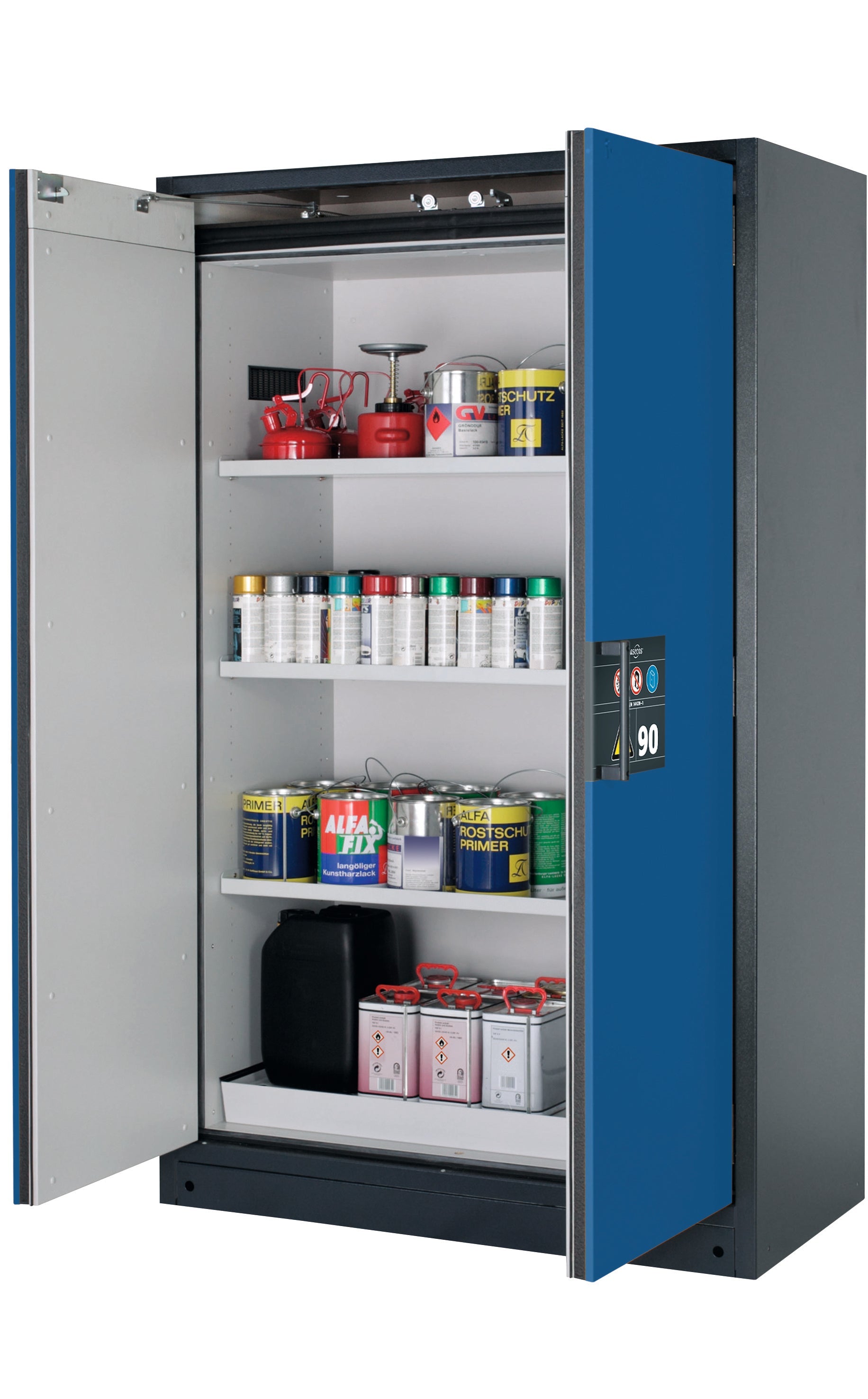 Type 90 safety storage cabinet Q-CLASSIC-90 model Q90.195.120 in gentian blue RAL 5010 with 3x shelf standard (sheet steel),
