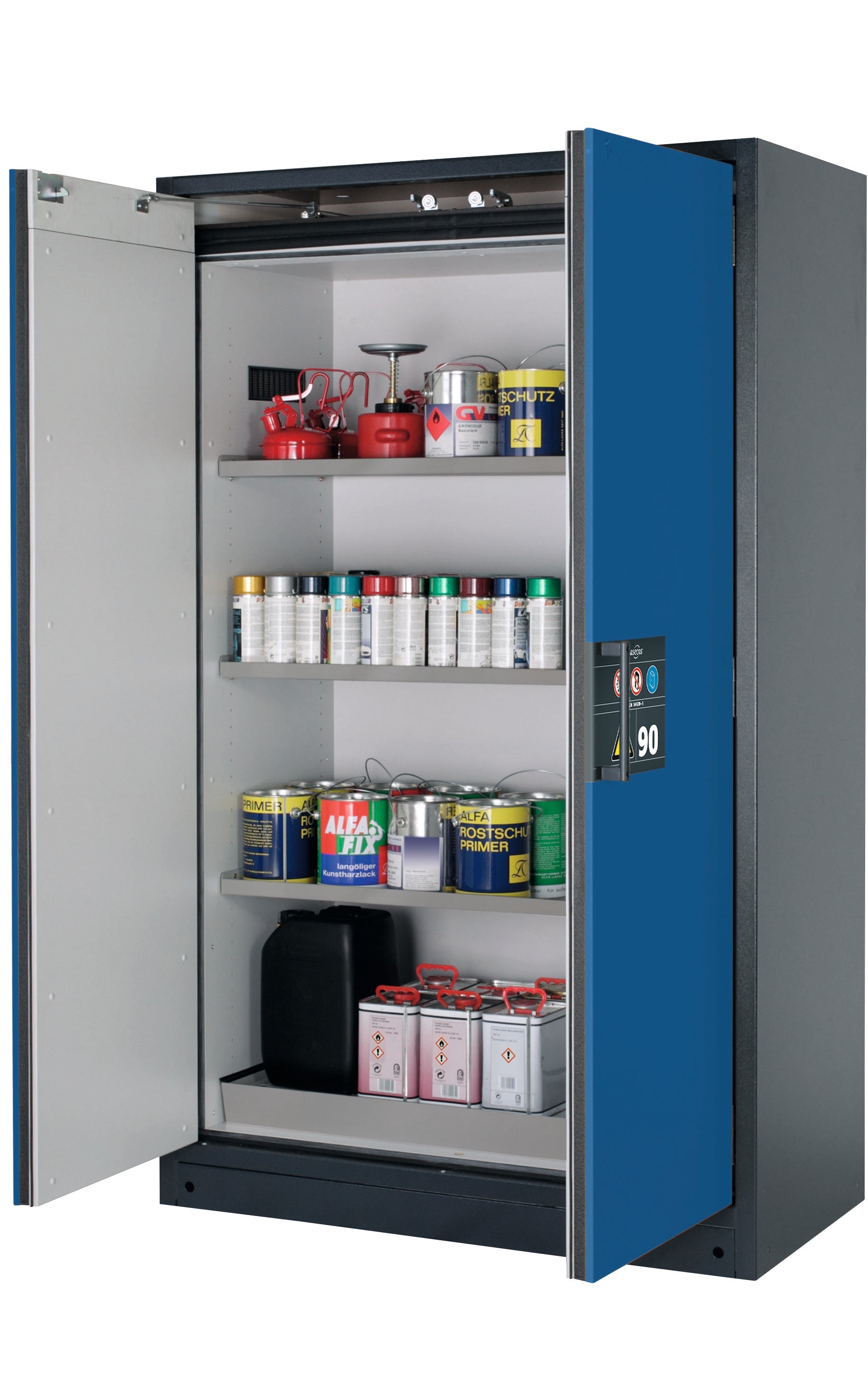 Type 90 safety storage cabinet Q-CLASSIC-90 model Q90.195.120 in gentian blue RAL 5010 with 3x shelf standard (stainless steel 1.4301),