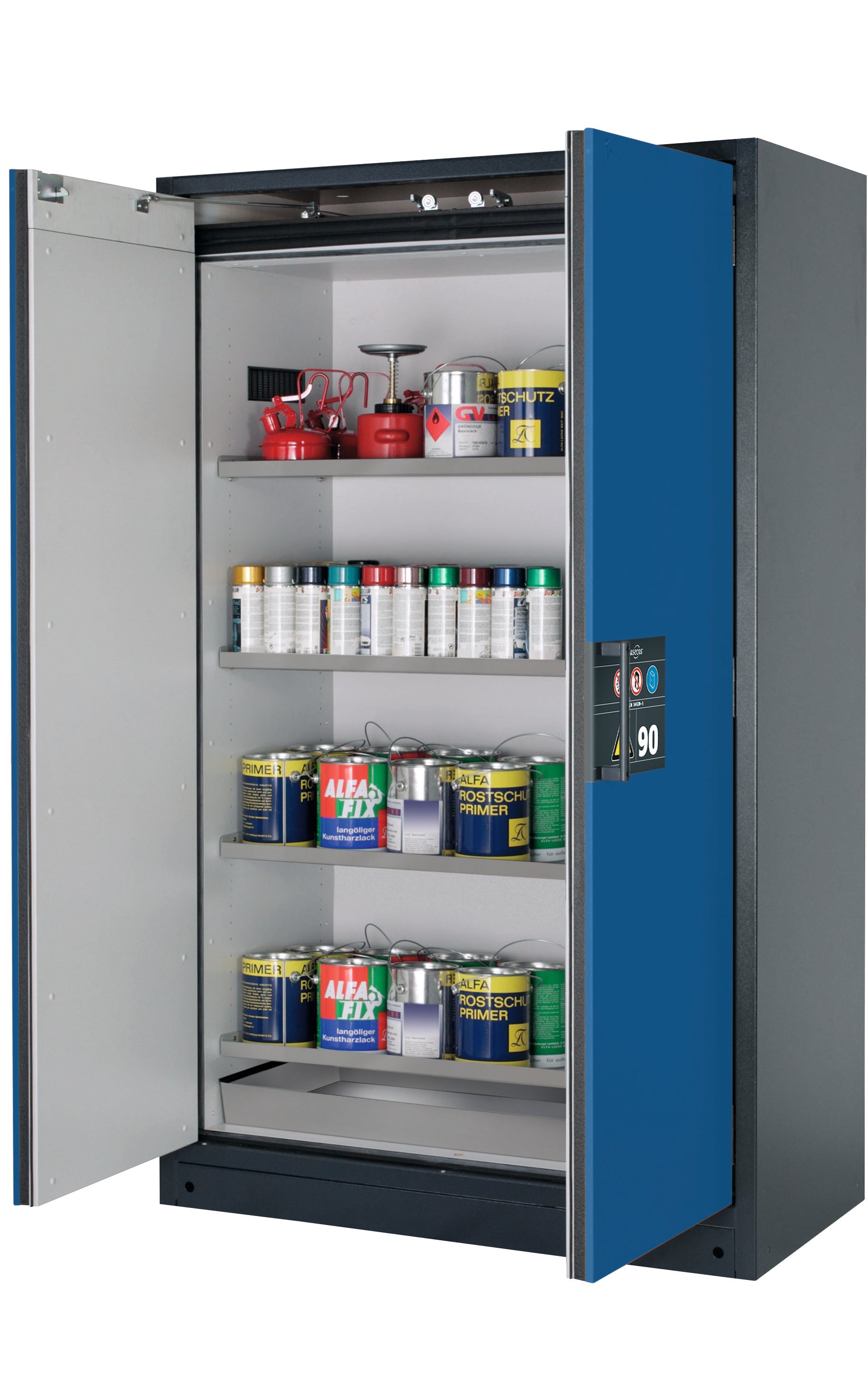 Type 90 safety storage cabinet Q-CLASSIC-90 model Q90.195.120 in gentian blue RAL 5010 with 4x shelf standard (stainless steel 1.4301),