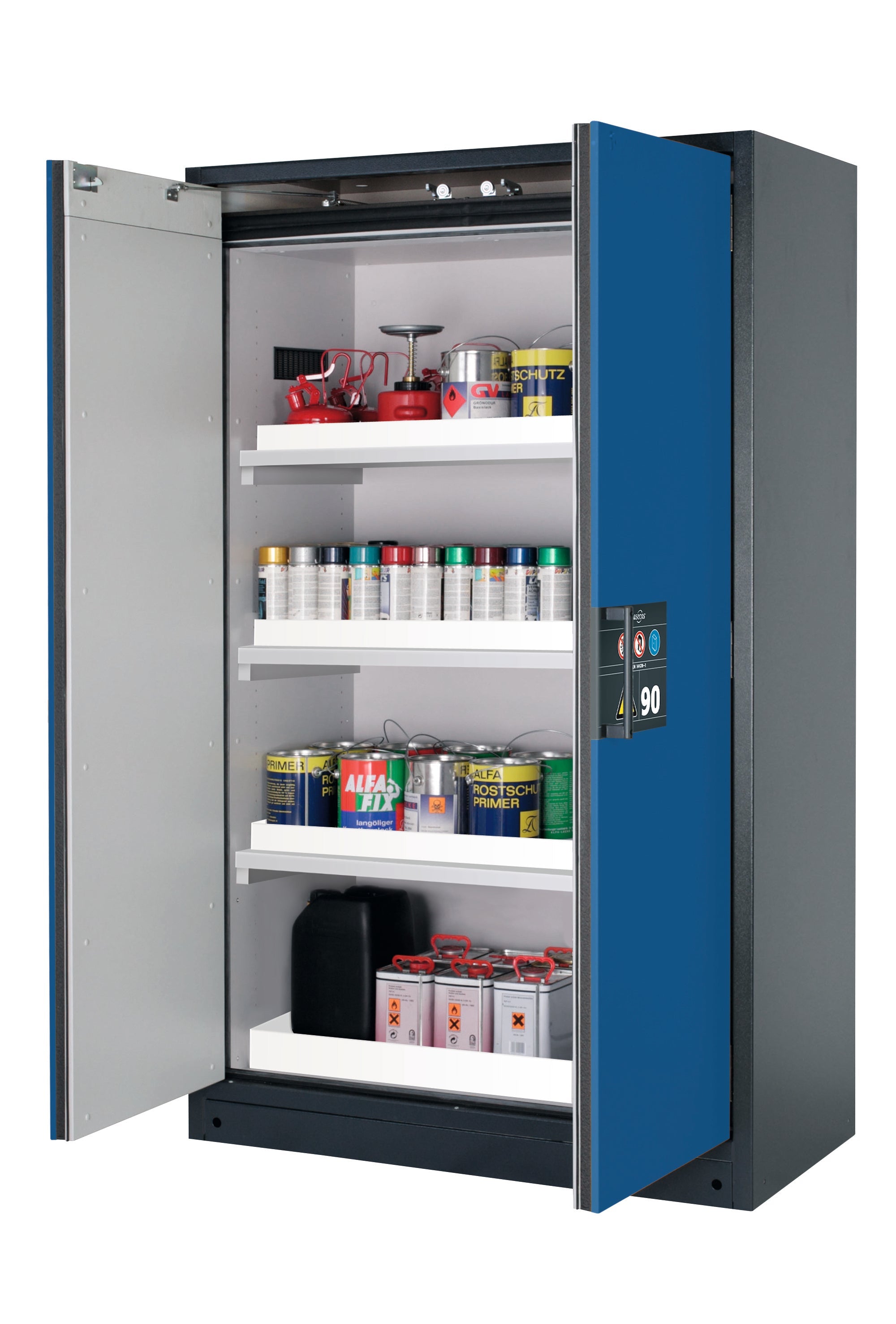 Type 90 safety storage cabinet Q-CLASSIC-90 model Q90.195.120 in gentian blue RAL 5010 with 3x tray shelf (standard) (polypropylene),