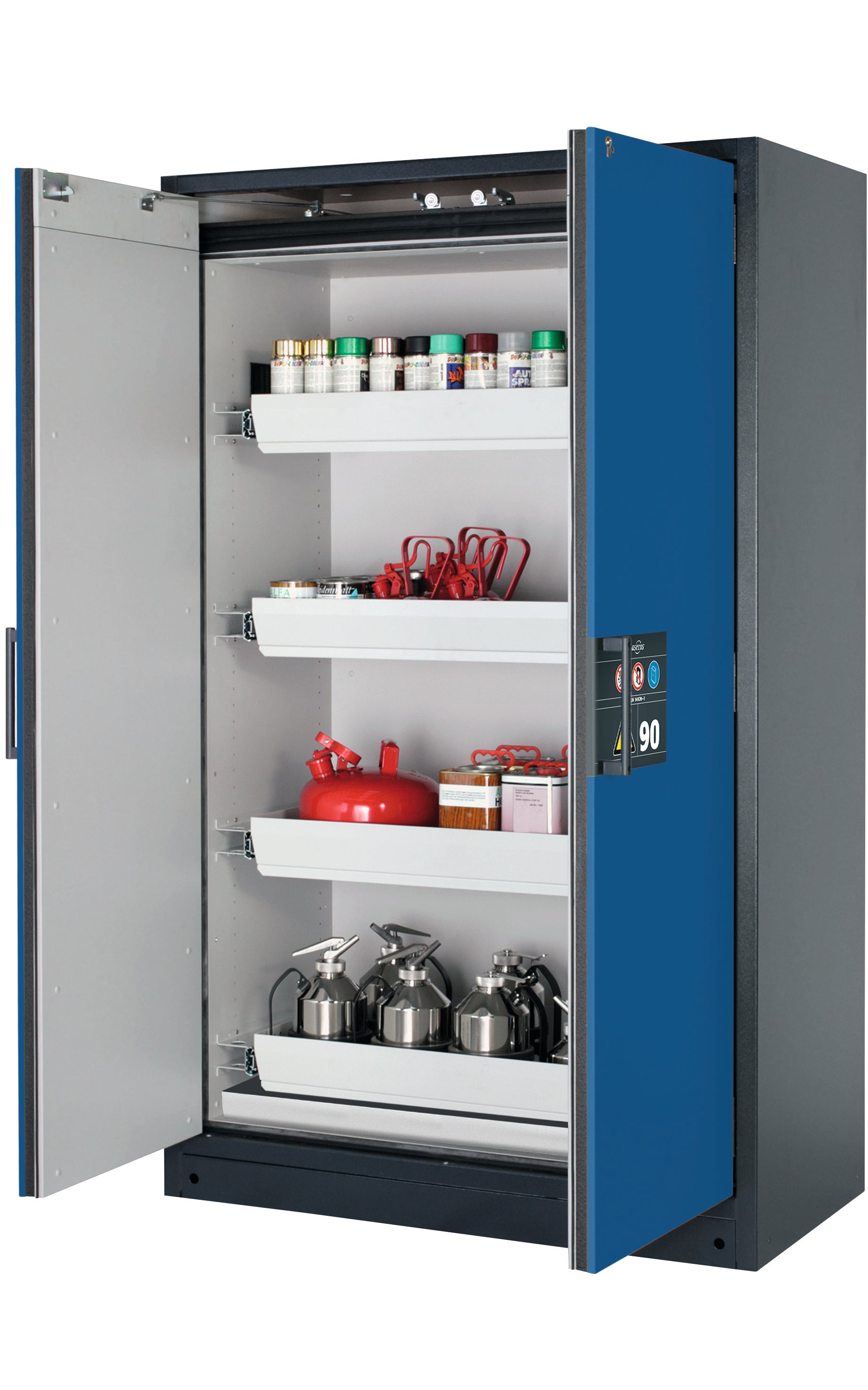 Type 90 safety storage cabinet Q-CLASSIC-90 model Q90.195.120 in gentian blue RAL 5010 with 4x drawer (standard) (sheet steel),