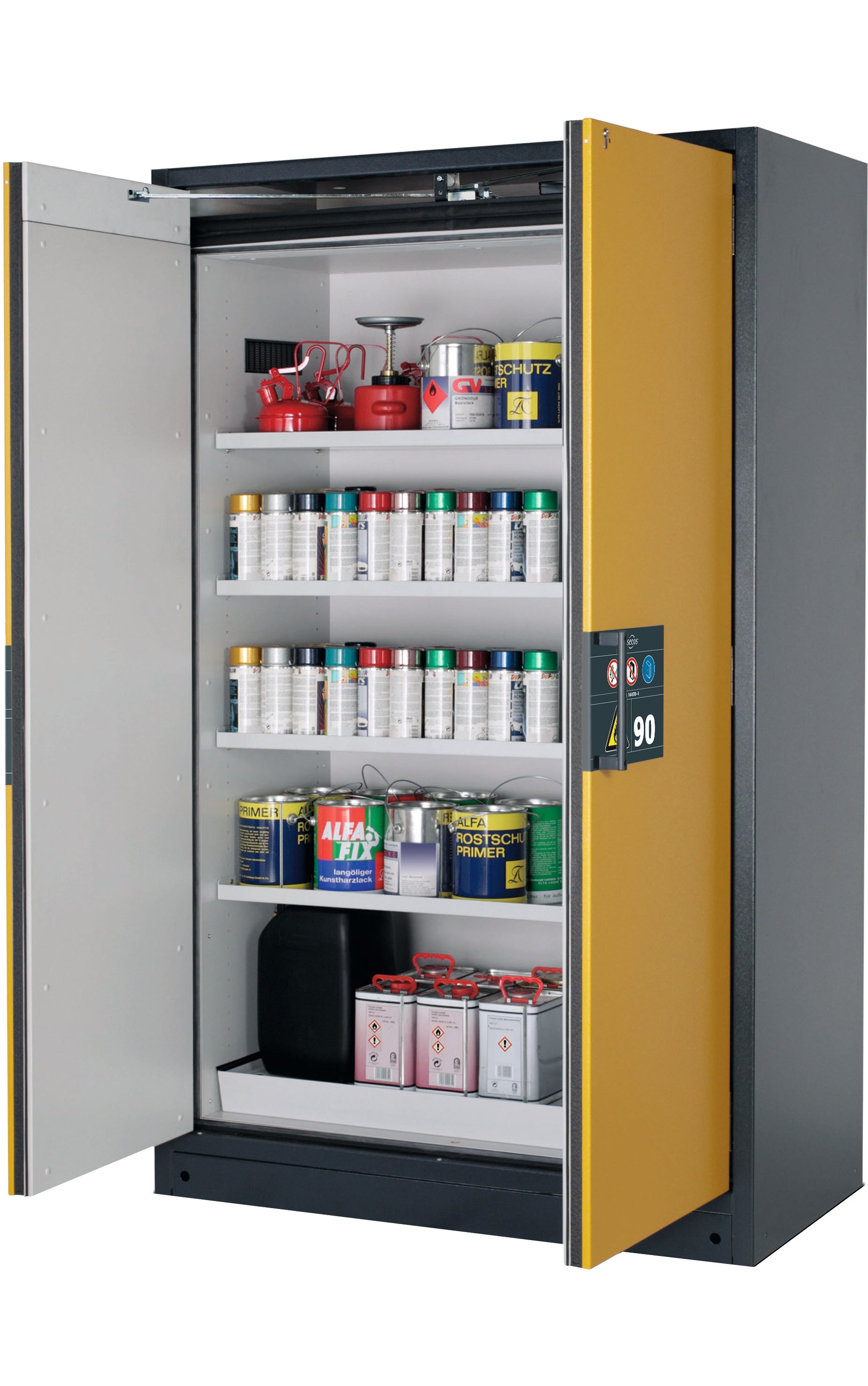 Type 90 safety storage cabinet Q-PEGASUS-90 model Q90.195.120.WDAC in warning yellow RAL 1004 with 4x shelf standard (sheet steel),