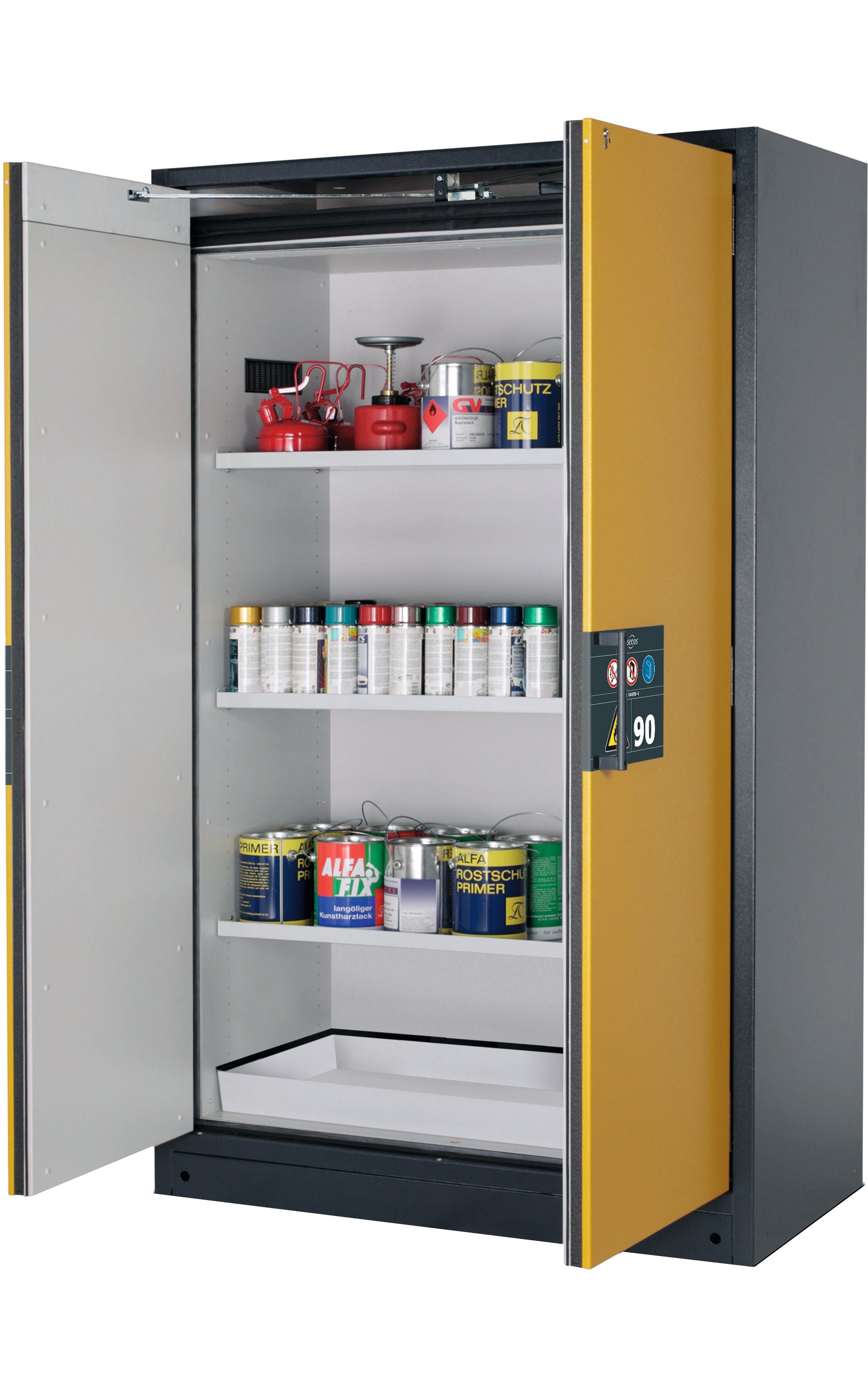 Type 90 safety storage cabinet Q-PEGASUS-90 model Q90.195.120.WDAC in warning yellow RAL 1004 with 3x shelf standard (sheet steel),