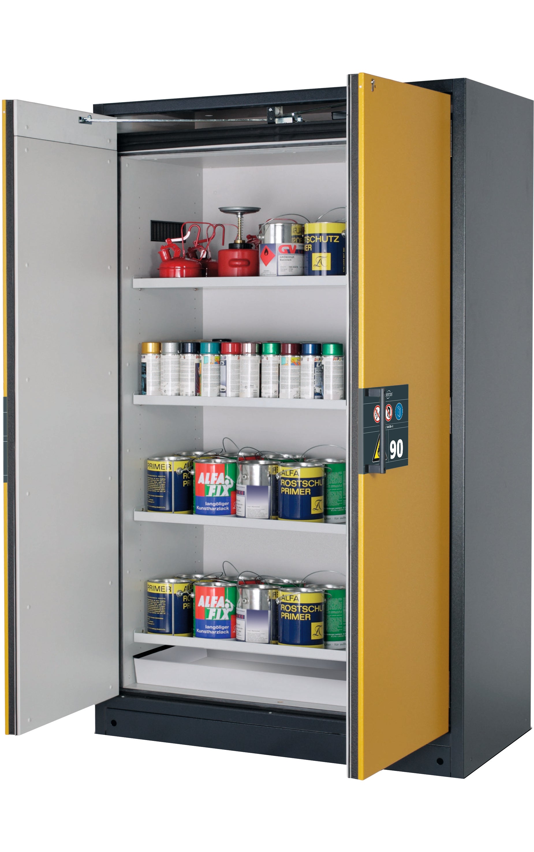 Type 90 safety storage cabinet Q-PEGASUS-90 model Q90.195.120.WDAC in warning yellow RAL 1004 with 4x shelf standard (sheet steel),