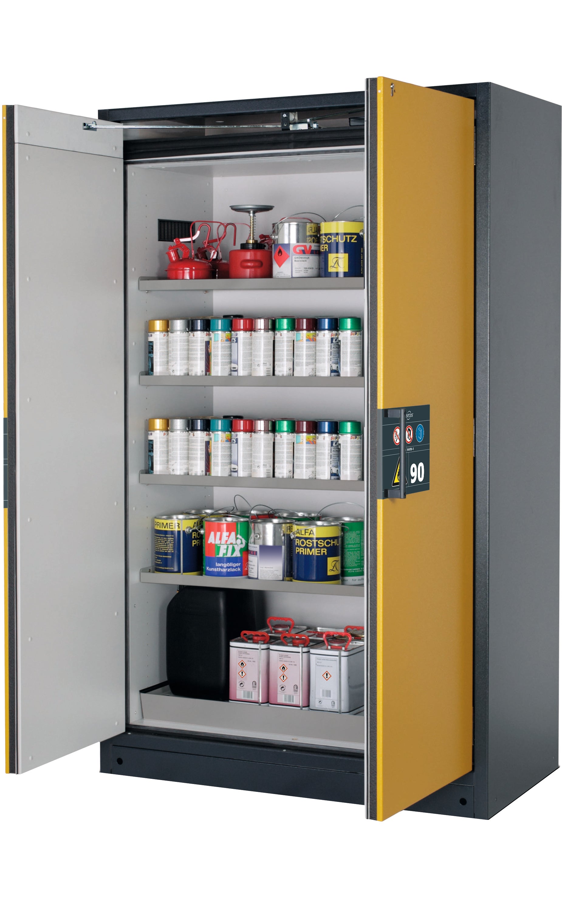 Type 90 safety storage cabinet Q-PEGASUS-90 model Q90.195.120.WDAC in warning yellow RAL 1004 with 4x shelf standard (stainless steel 1.4301),