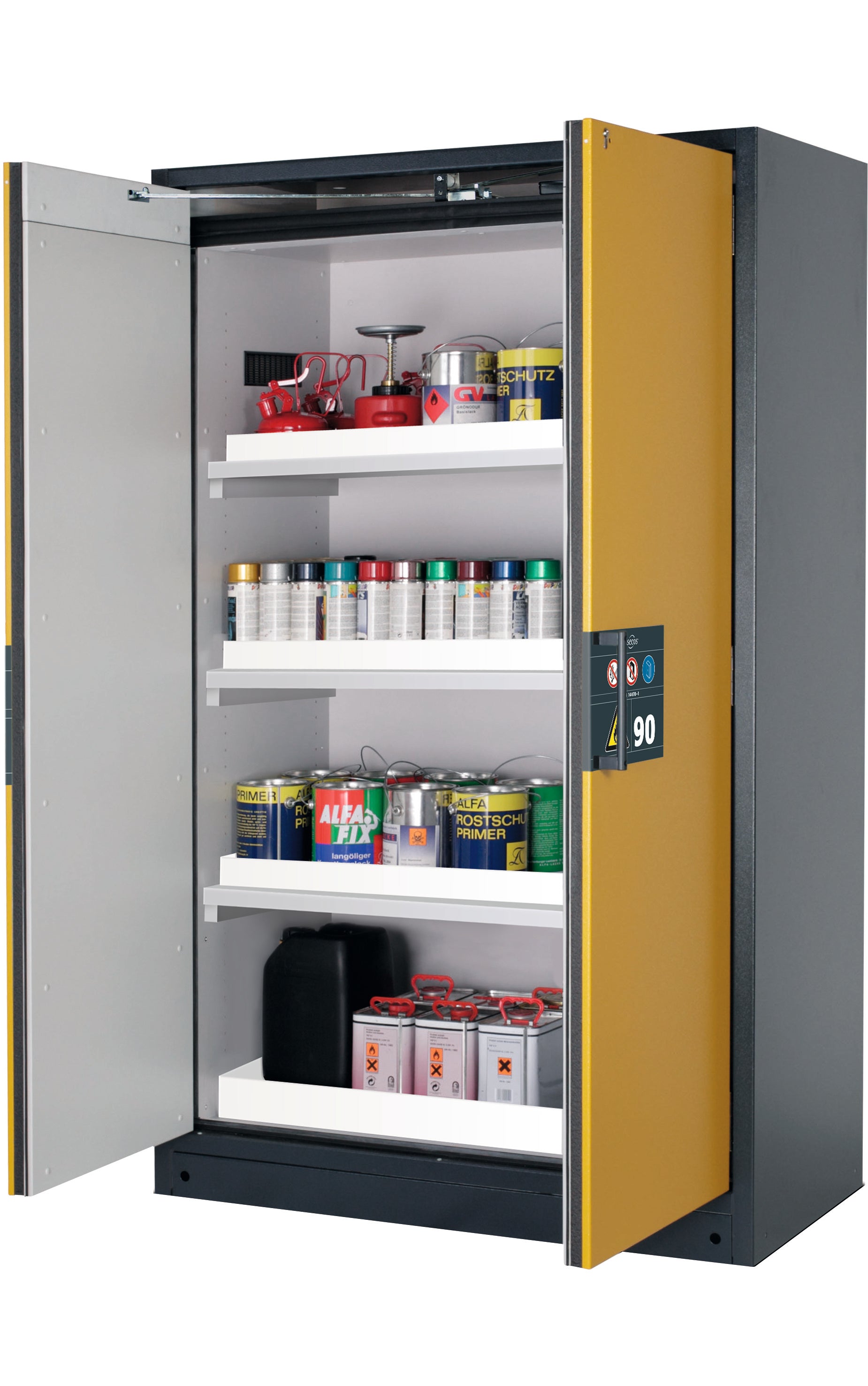 Type 90 safety storage cabinet Q-PEGASUS-90 model Q90.195.120.WDAC in warning yellow RAL 1004 with 3x tray shelf (standard) (polypropylene),