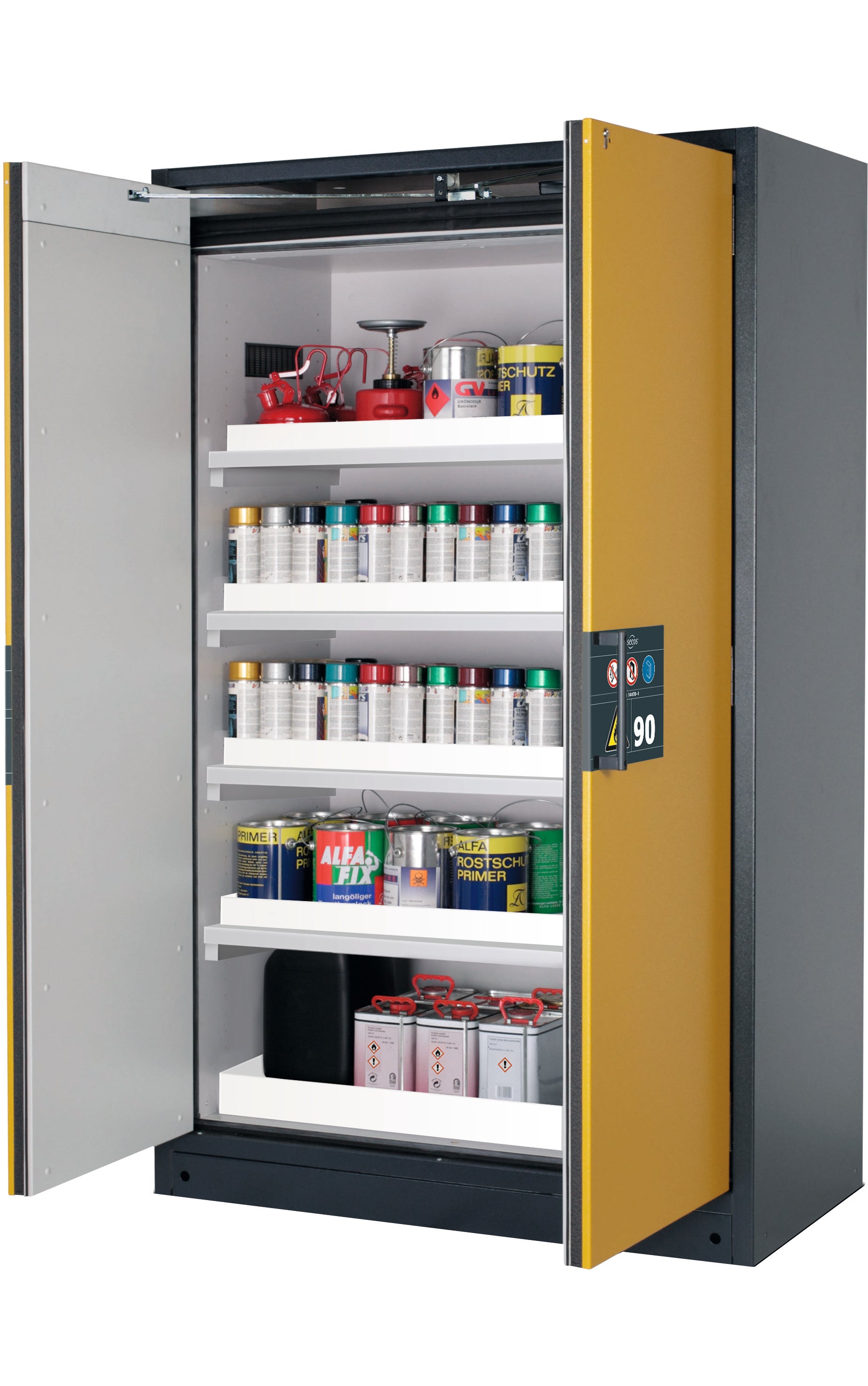 Type 90 safety storage cabinet Q-PEGASUS-90 model Q90.195.120.WDAC in warning yellow RAL 1004 with 4x tray shelf (standard) (polypropylene),
