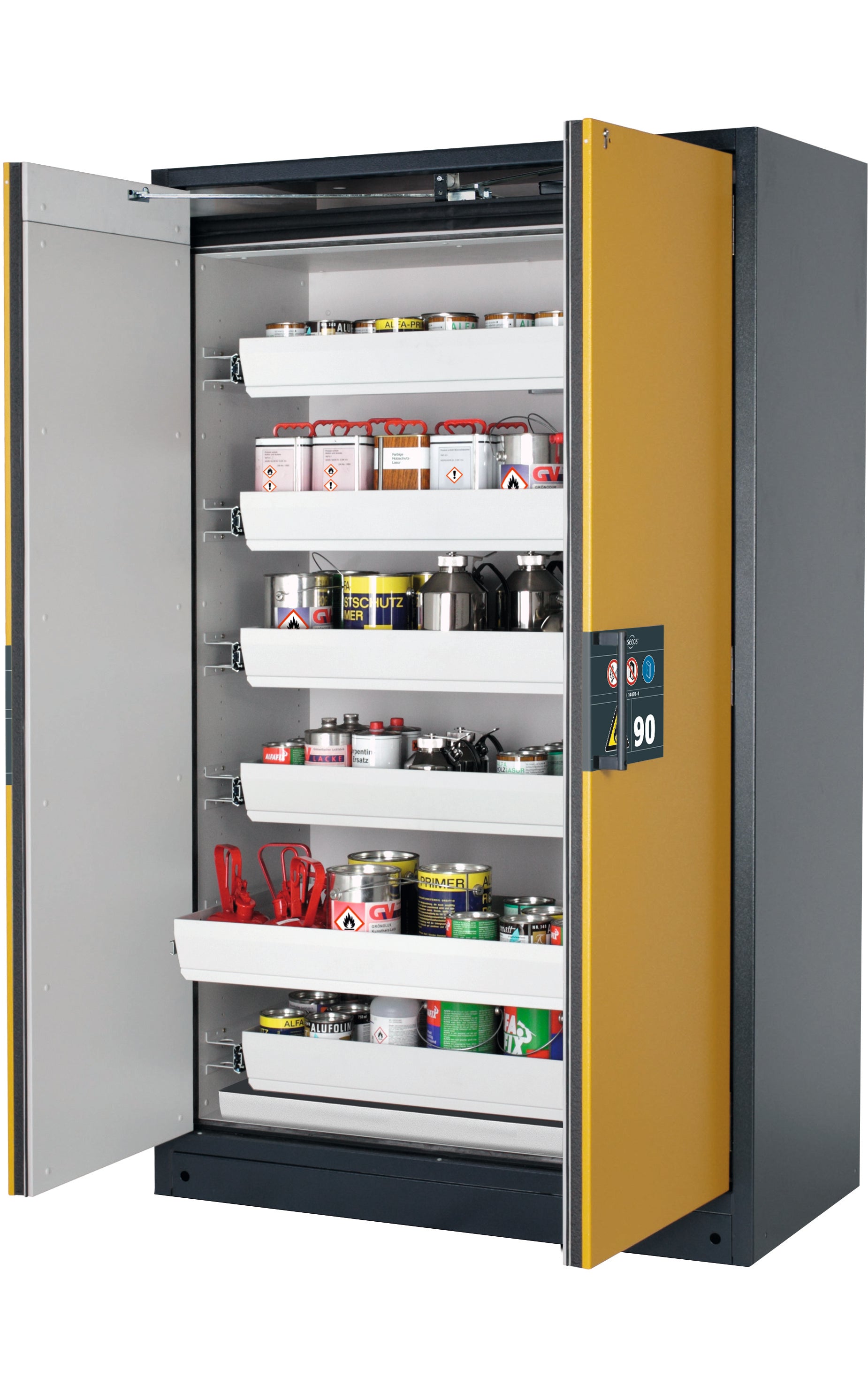 Type 90 safety storage cabinet Q-PEGASUS-90 model Q90.195.120.WDAC in warning yellow RAL 1004 with 6x drawer (standard) (sheet steel),