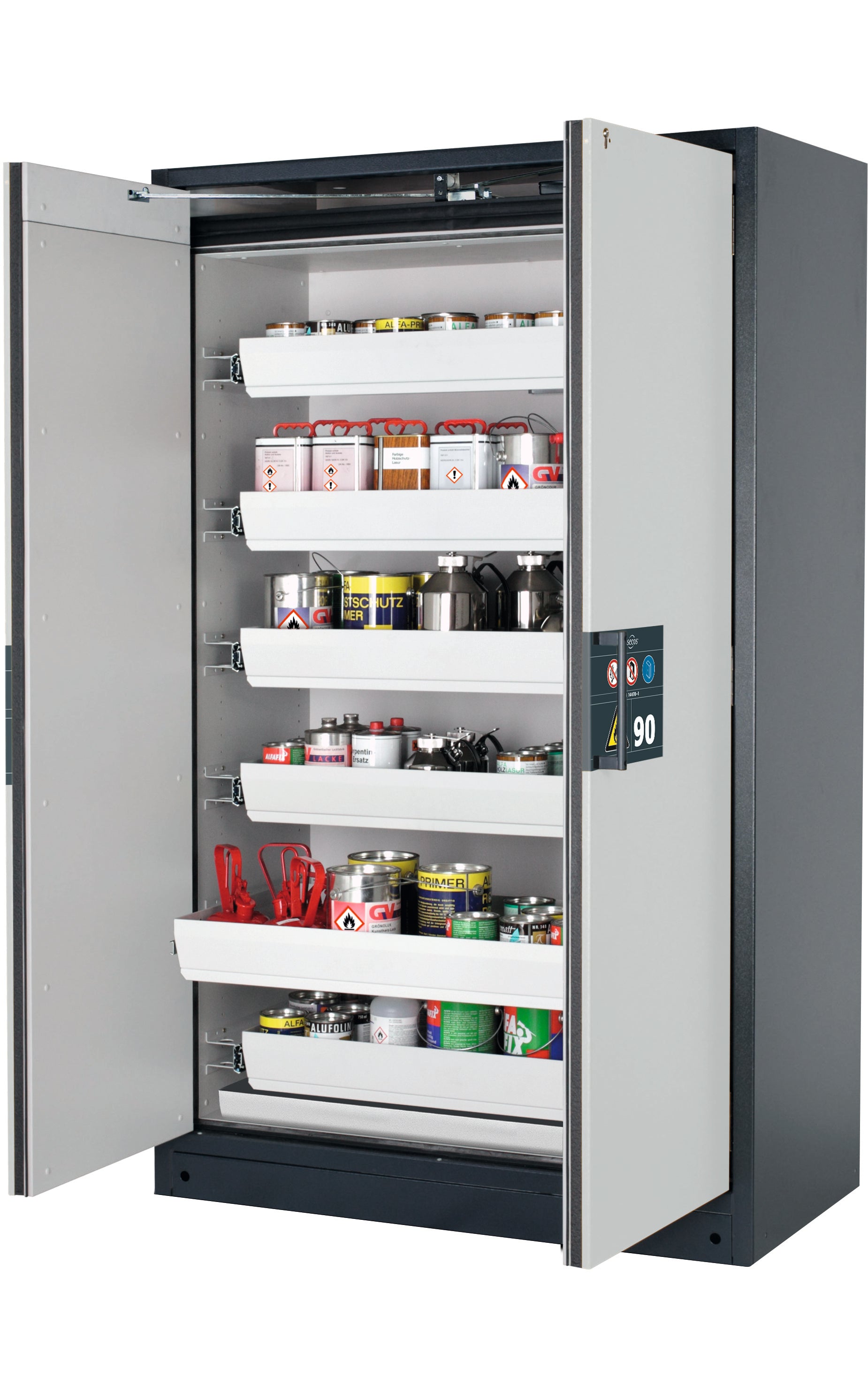Type 90 safety storage cabinet Q-PEGASUS-90 model Q90.195.120.WDAC in light grey RAL 7035 with 6x drawer (standard) (sheet steel),