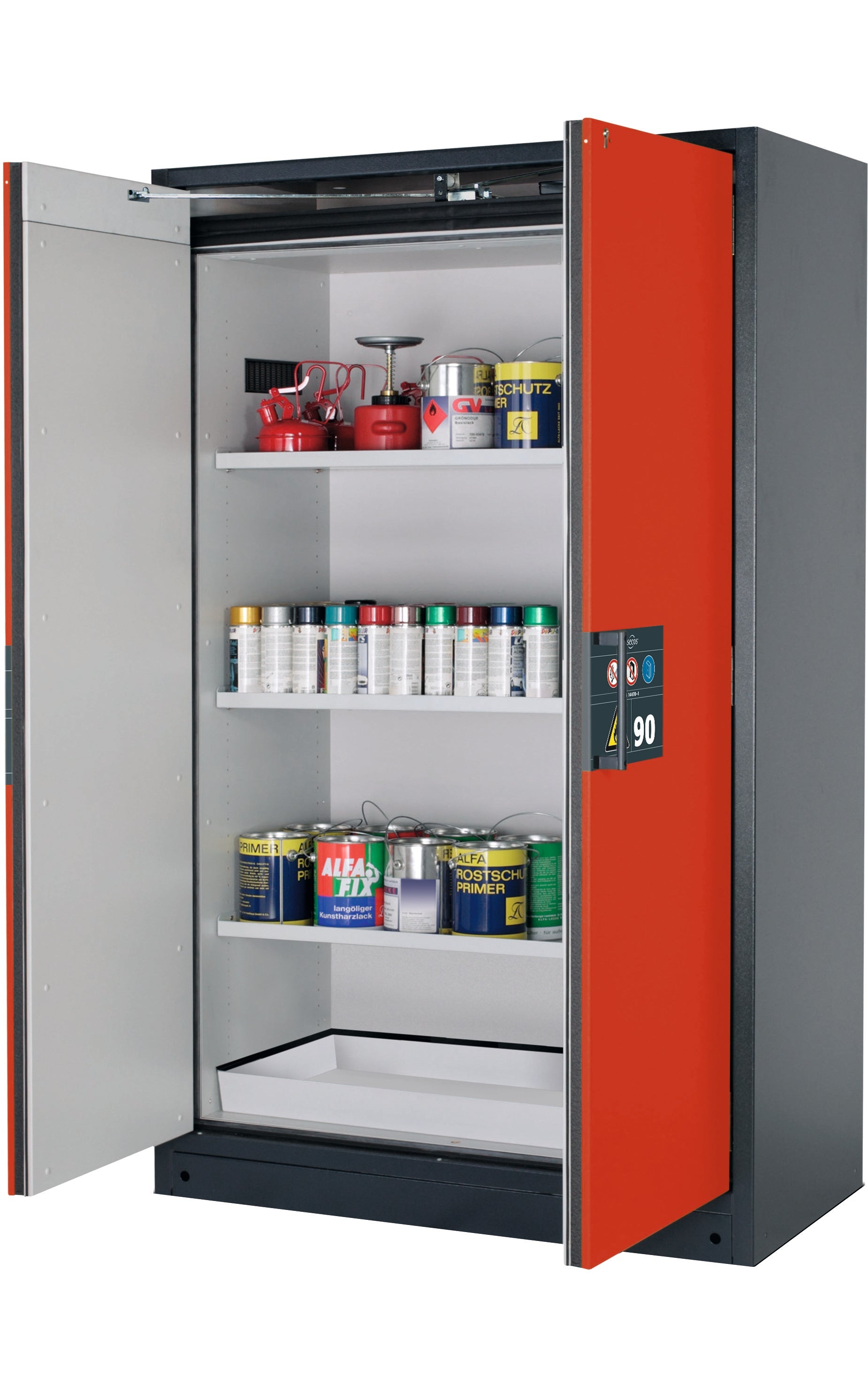 Type 90 safety storage cabinet Q-PEGASUS-90 model Q90.195.120.WDAC in traffic red RAL 3020 with 3x shelf standard (sheet steel),