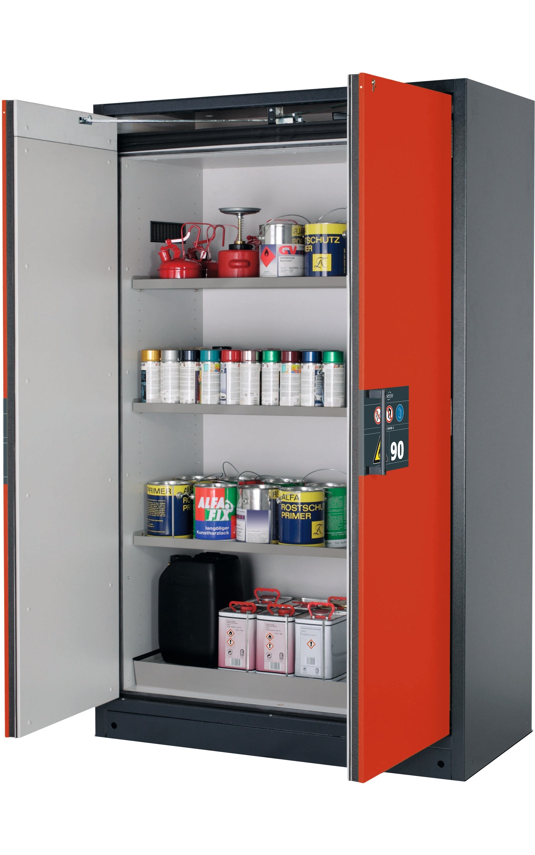 Type 90 safety storage cabinet Q-PEGASUS-90 model Q90.195.120.WDAC in traffic red RAL 3020 with 3x shelf standard (stainless steel 1.4301),