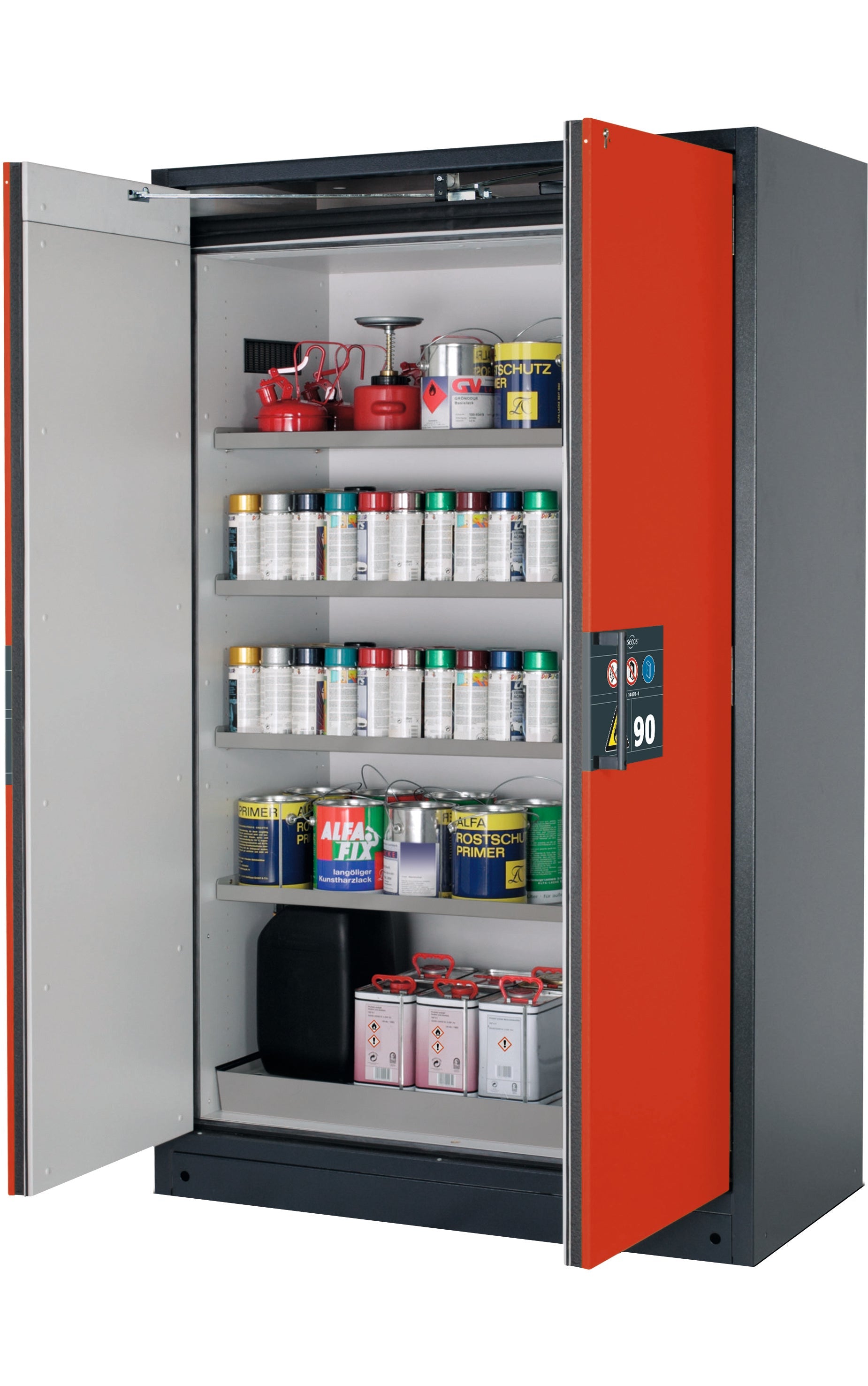 Type 90 safety storage cabinet Q-PEGASUS-90 model Q90.195.120.WDAC in traffic red RAL 3020 with 4x shelf standard (stainless steel 1.4301),
