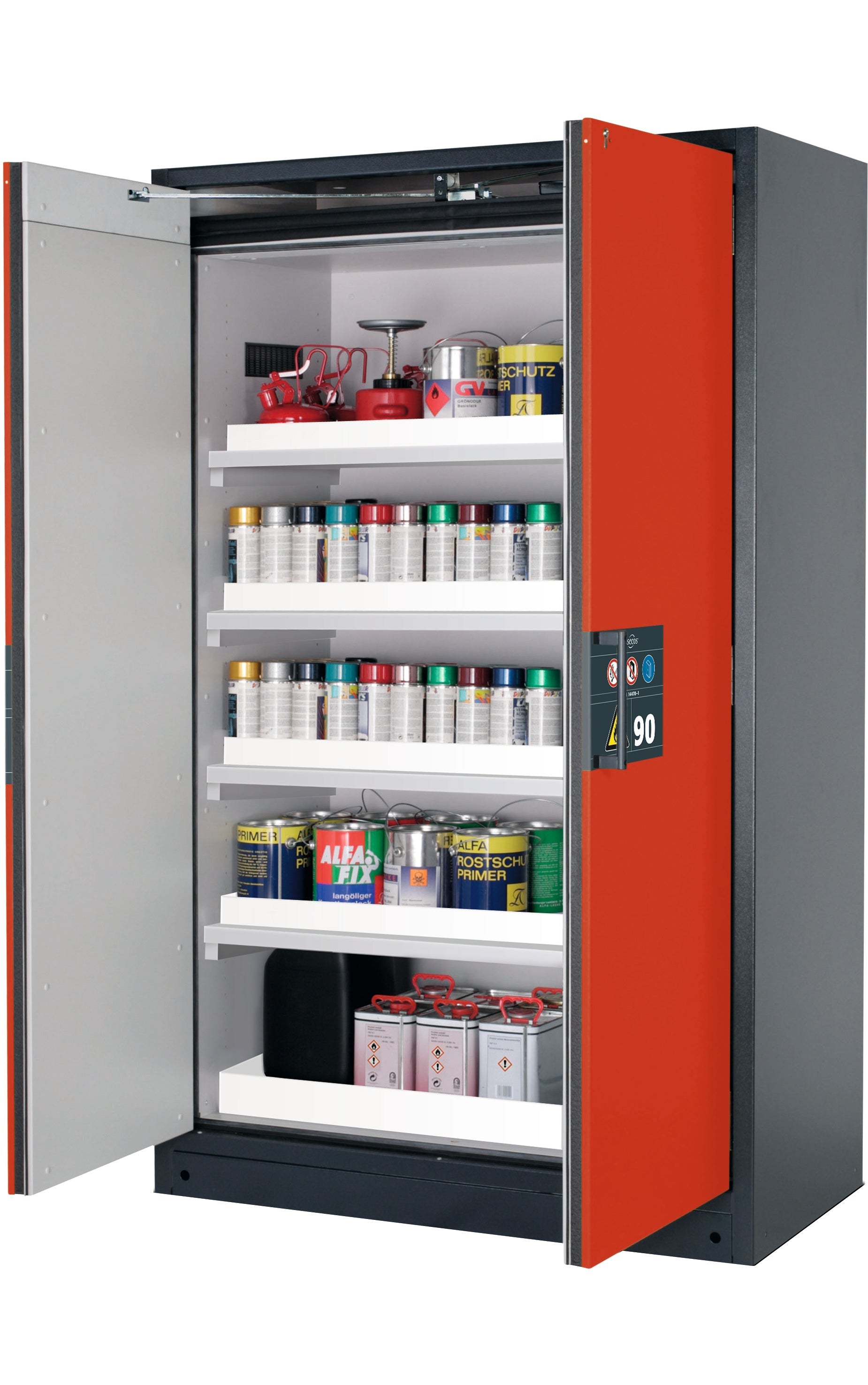 Type 90 safety storage cabinet Q-PEGASUS-90 model Q90.195.120.WDAC in traffic red RAL 3020 with 4x tray shelf (standard) (polypropylene),