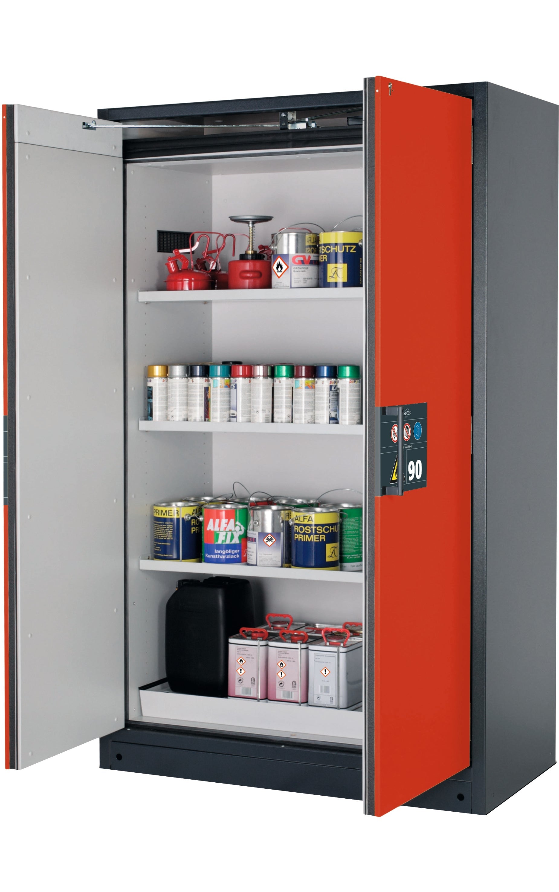 Type 90 safety storage cabinet Q-PEGASUS-90 model Q90.195.120.WDAC in traffic red RAL 3020 with 3x shelf standard (sheet steel),