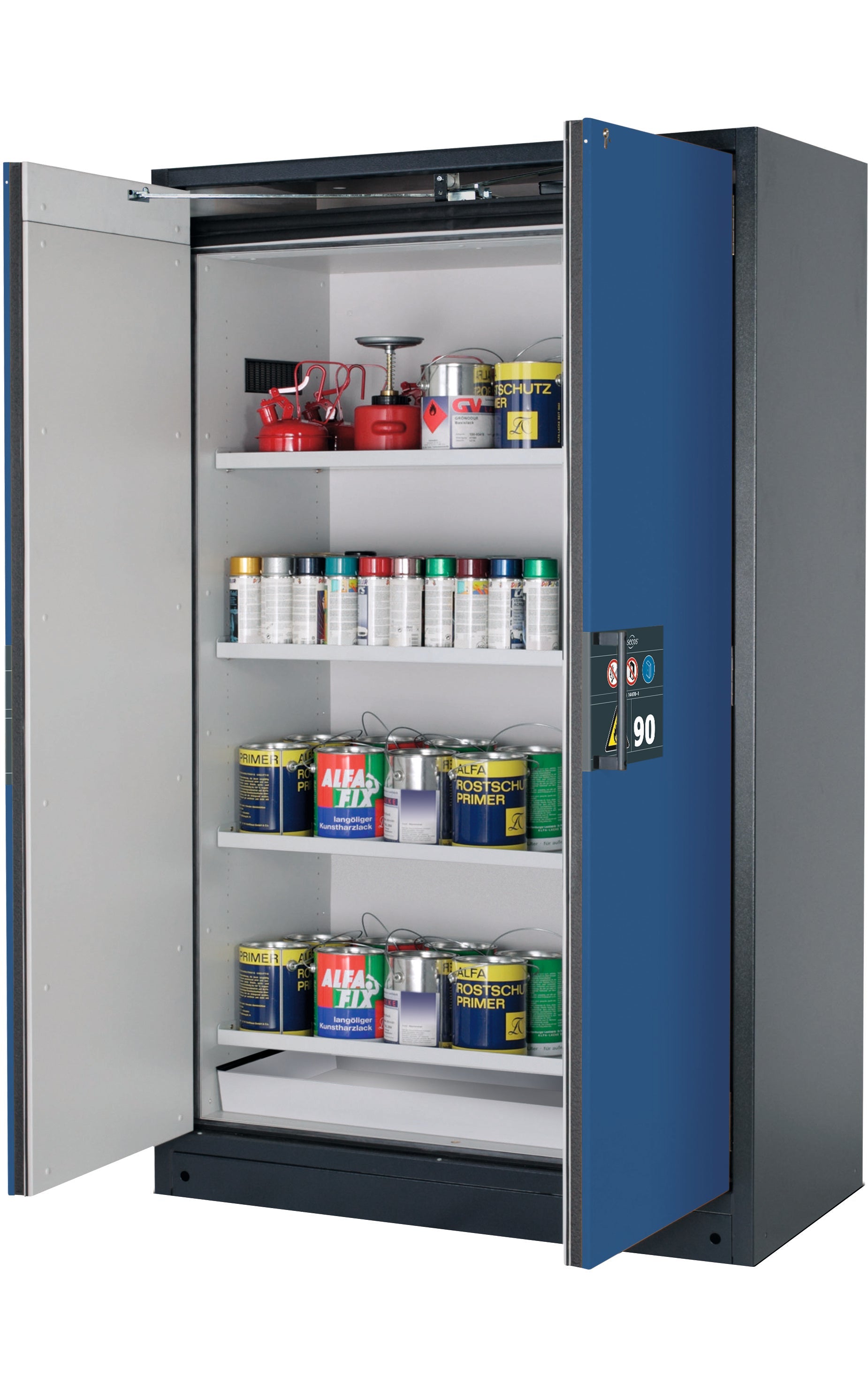 Type 90 safety storage cabinet Q-PEGASUS-90 model Q90.195.120.WDAC in gentian blue RAL 5010 with 4x shelf standard (sheet steel),