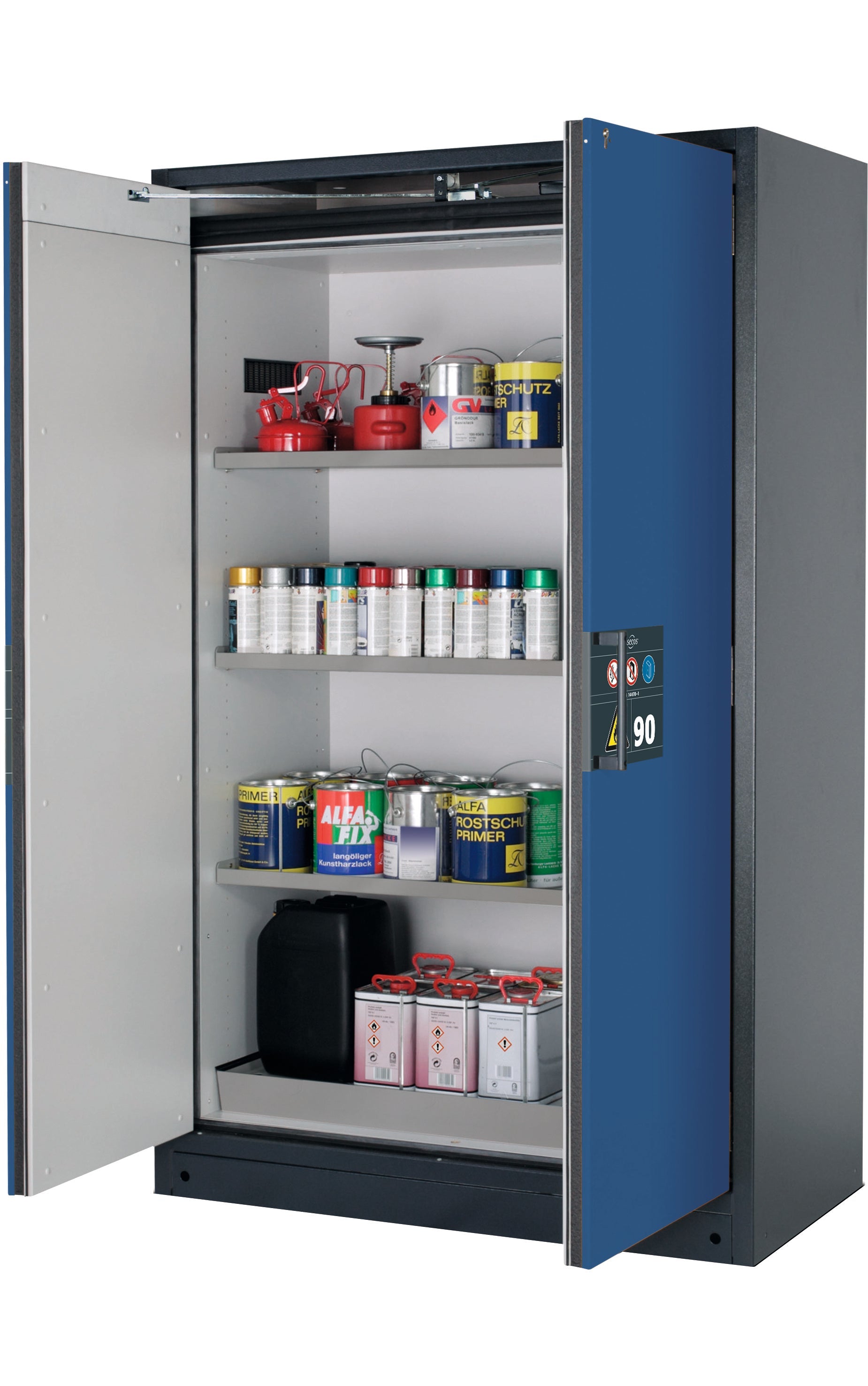Type 90 safety storage cabinet Q-PEGASUS-90 model Q90.195.120.WDAC in gentian blue RAL 5010 with 3x shelf standard (stainless steel 1.4301),