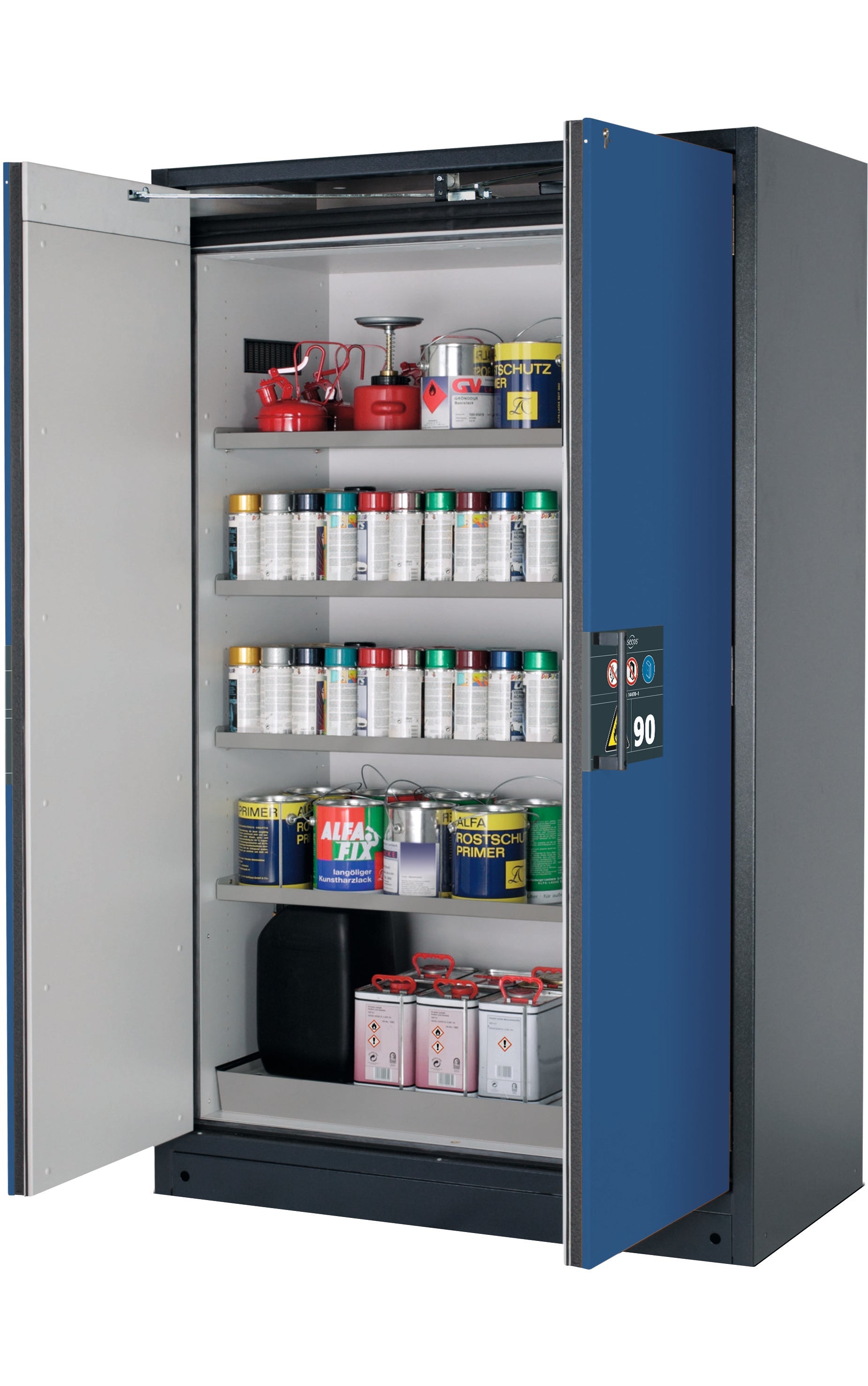 Type 90 safety storage cabinet Q-PEGASUS-90 model Q90.195.120.WDAC in gentian blue RAL 5010 with 4x shelf standard (stainless steel 1.4301),