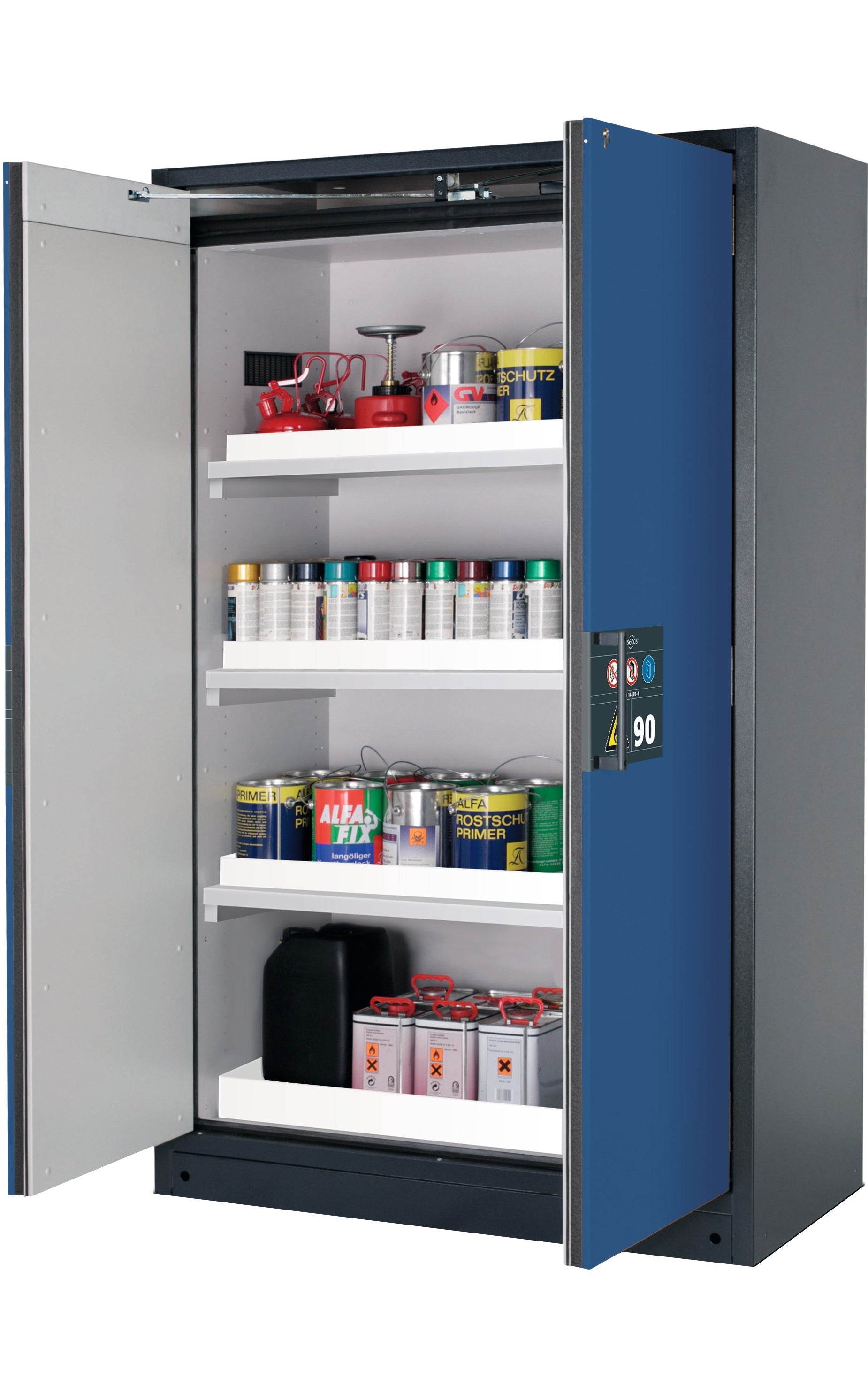 Type 90 safety storage cabinet Q-PEGASUS-90 model Q90.195.120.WDAC in gentian blue RAL 5010 with 3x tray shelf (standard) (polypropylene),