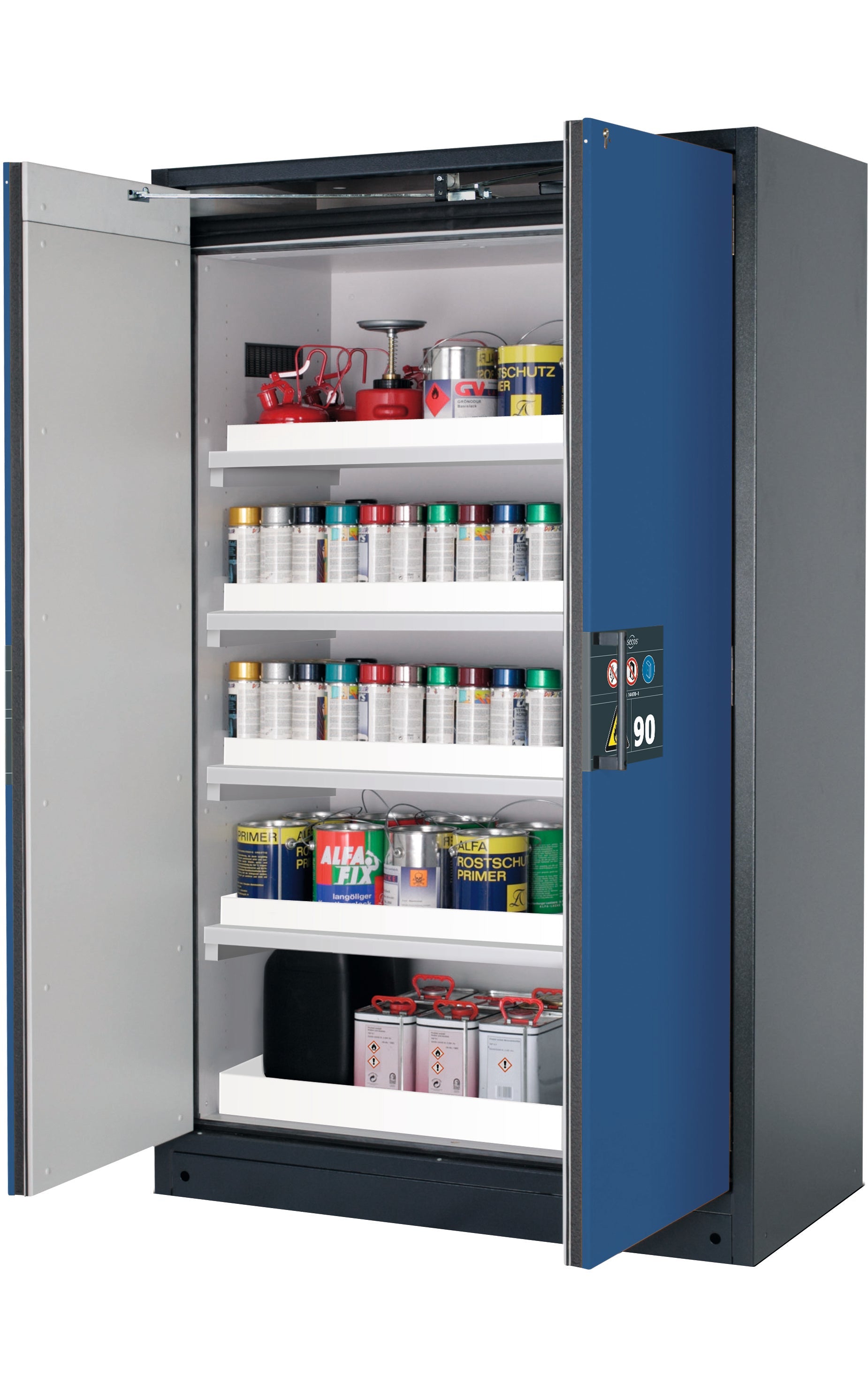 Type 90 safety storage cabinet Q-PEGASUS-90 model Q90.195.120.WDAC in gentian blue RAL 5010 with 4x tray shelf (standard) (polypropylene),