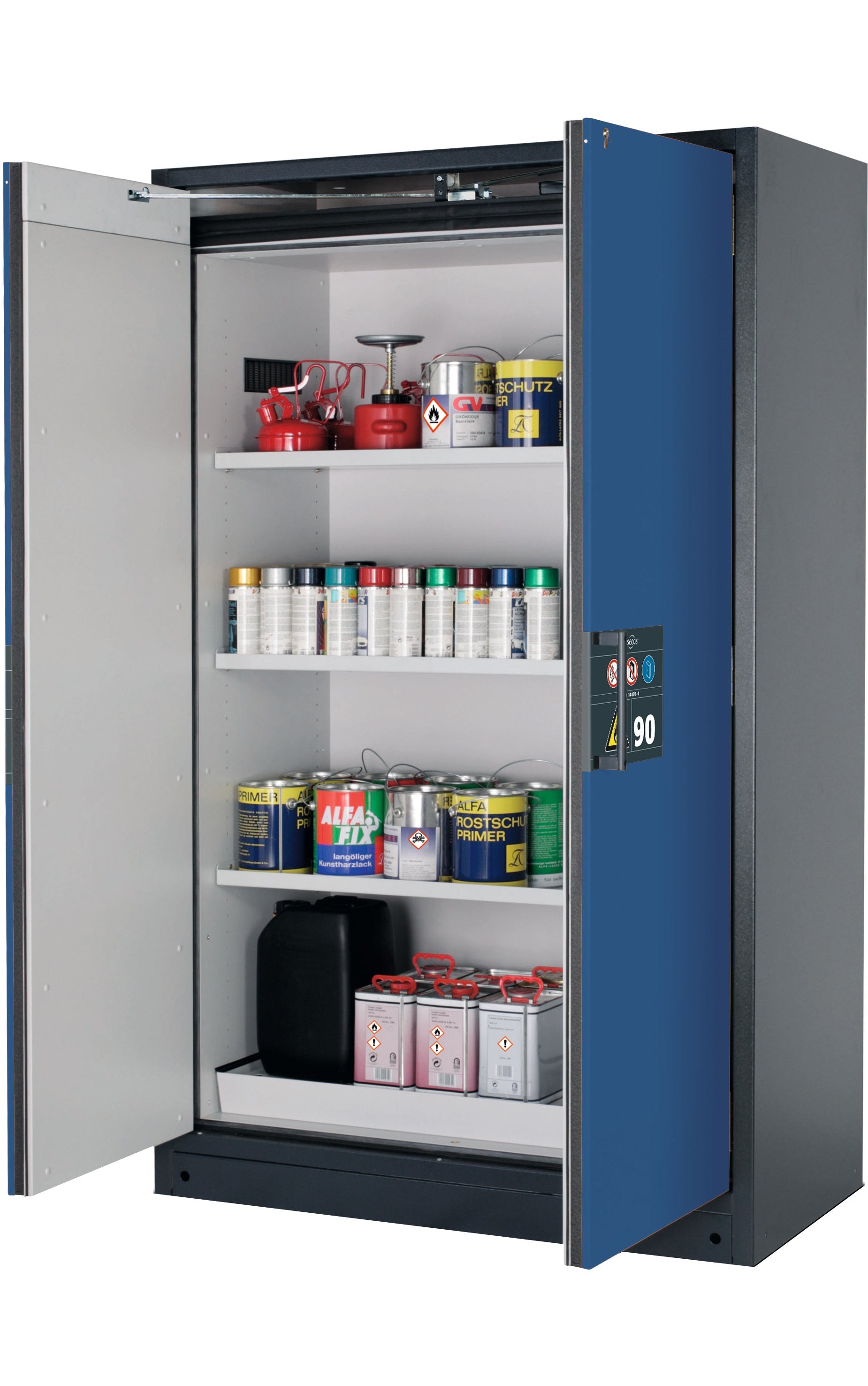 Type 90 safety storage cabinet Q-PEGASUS-90 model Q90.195.120.WDAC in gentian blue RAL 5010 with 3x shelf standard (sheet steel),