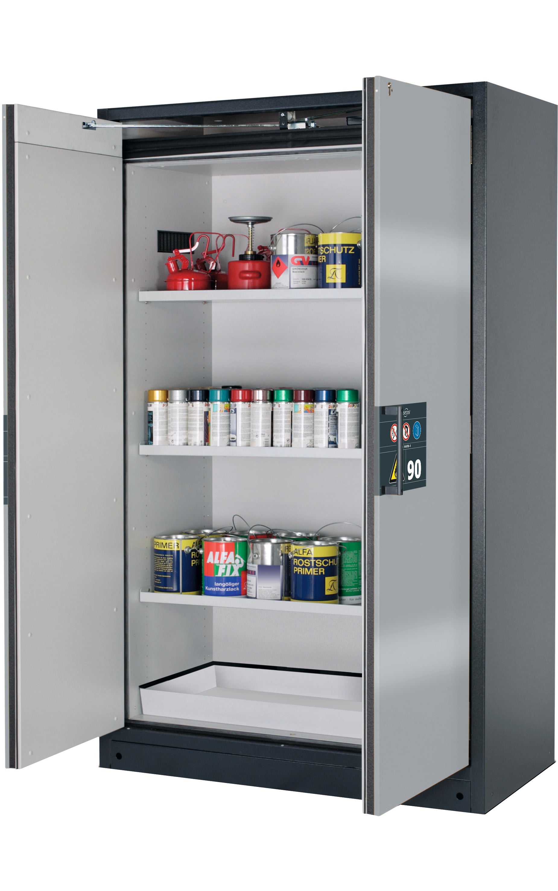 Type 90 safety storage cabinet Q-PEGASUS-90 model Q90.195.120.WDAC in asecos silver with 3x shelf standard (sheet steel),