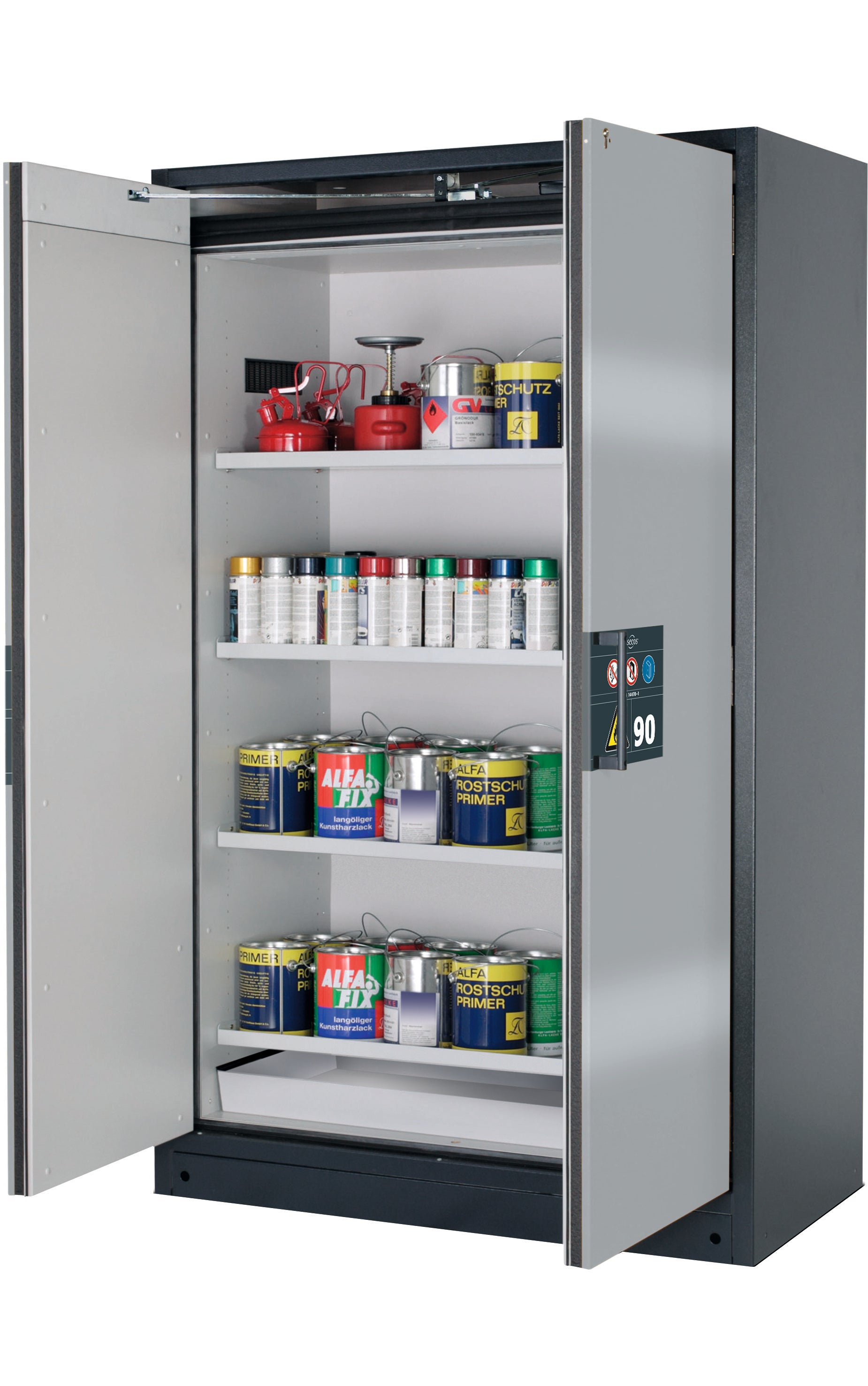 Type 90 safety storage cabinet Q-PEGASUS-90 model Q90.195.120.WDAC in asecos silver with 4x shelf standard (sheet steel),