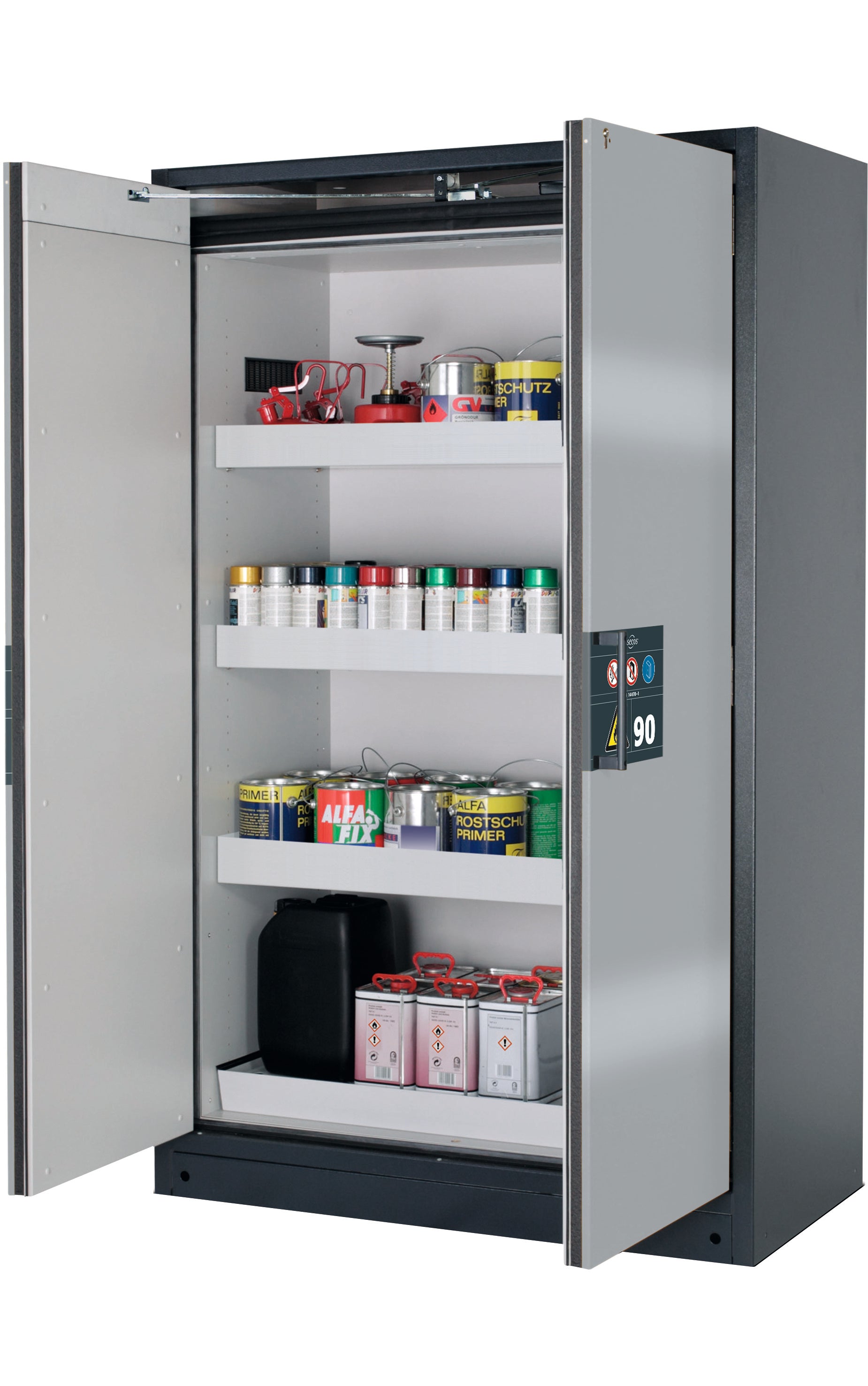 Type 90 safety storage cabinet Q-PEGASUS-90 model Q90.195.120.WDAC in asecos silver with 3x tray shelf (standard) (sheet steel),