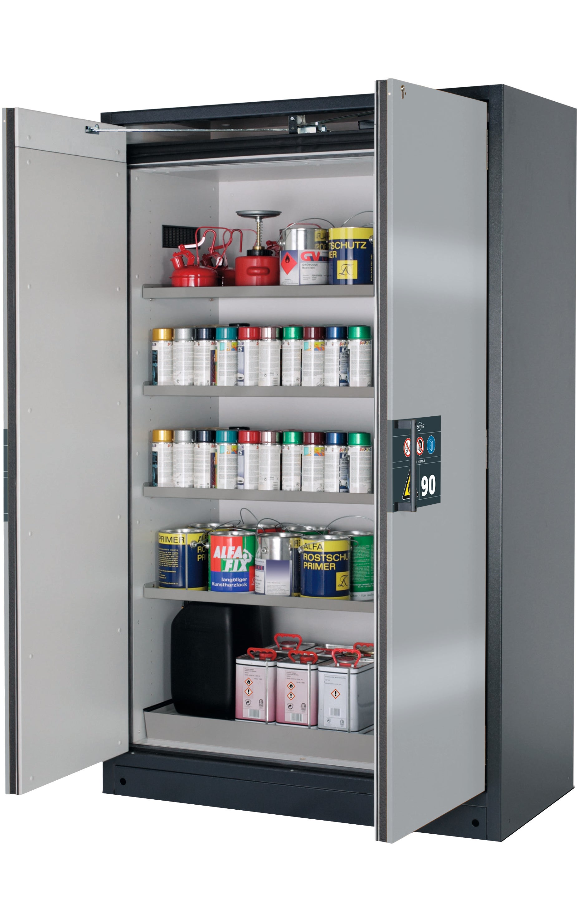 Type 90 safety storage cabinet Q-PEGASUS-90 model Q90.195.120.WDAC in asecos silver with 4x shelf standard (stainless steel 1.4301),