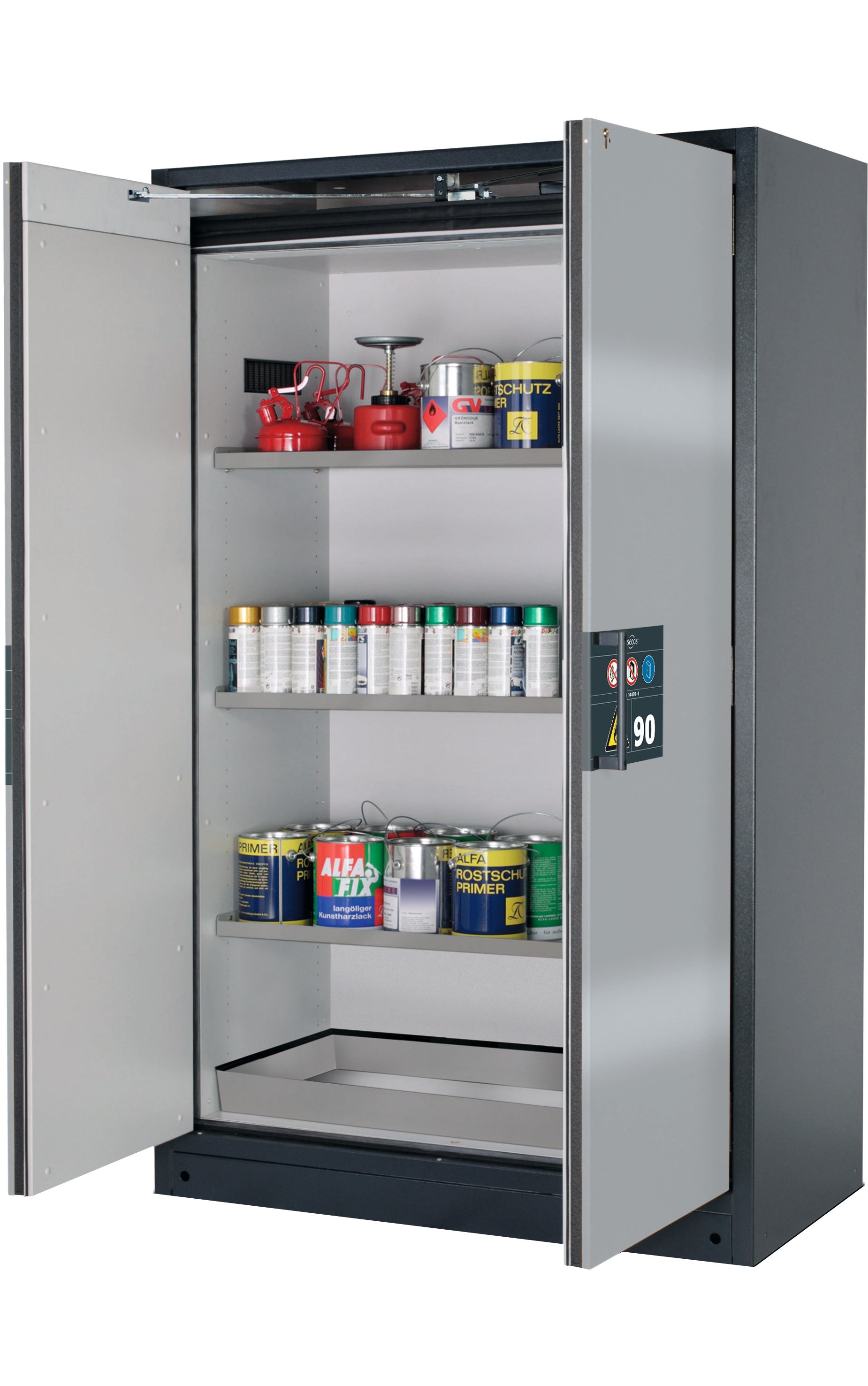 Type 90 safety storage cabinet Q-PEGASUS-90 model Q90.195.120.WDAC in asecos silver with 3x shelf standard (stainless steel 1.4301),