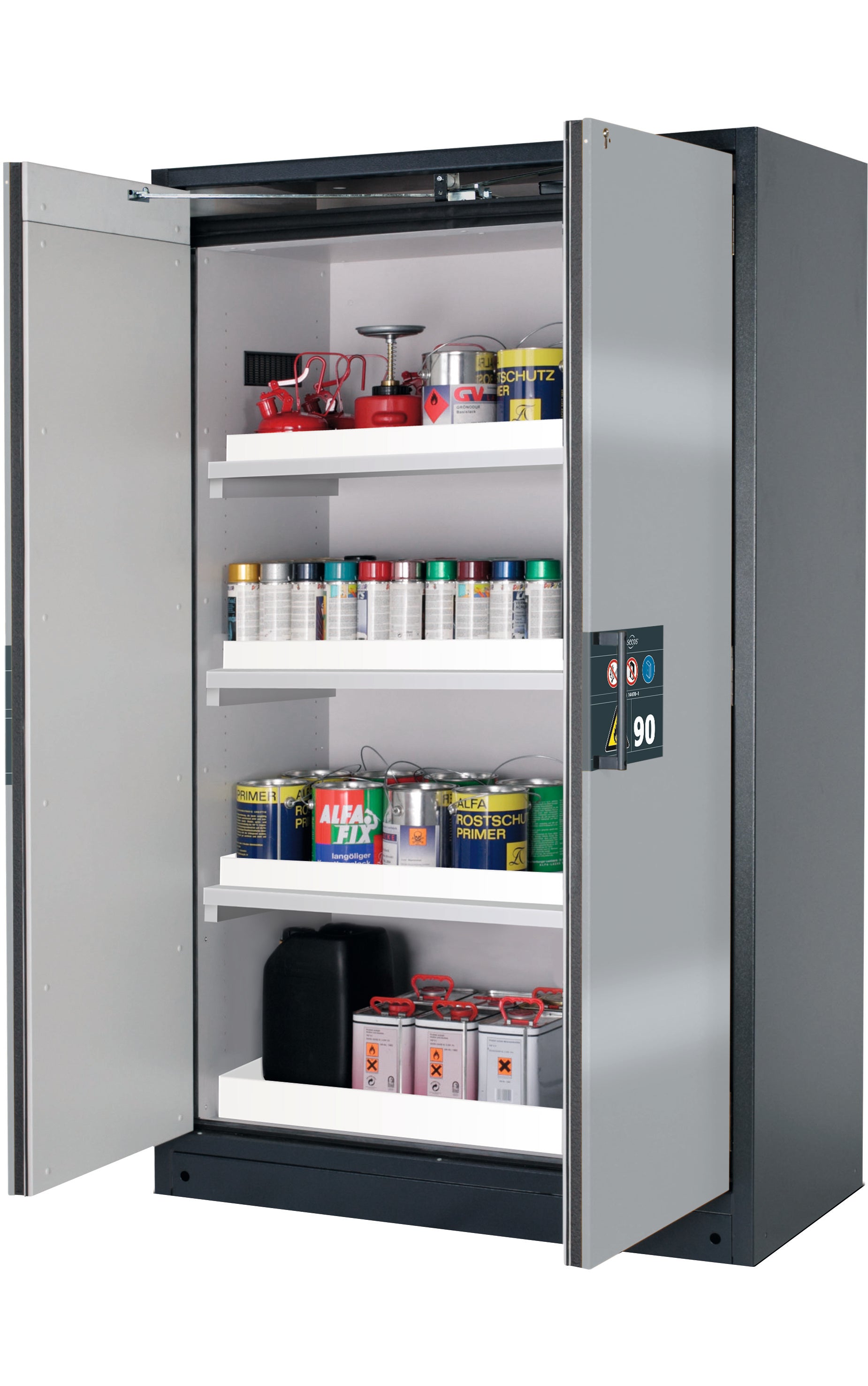 Type 90 safety storage cabinet Q-PEGASUS-90 model Q90.195.120.WDAC in asecos silver with 3x tray shelf (standard) (polypropylene),