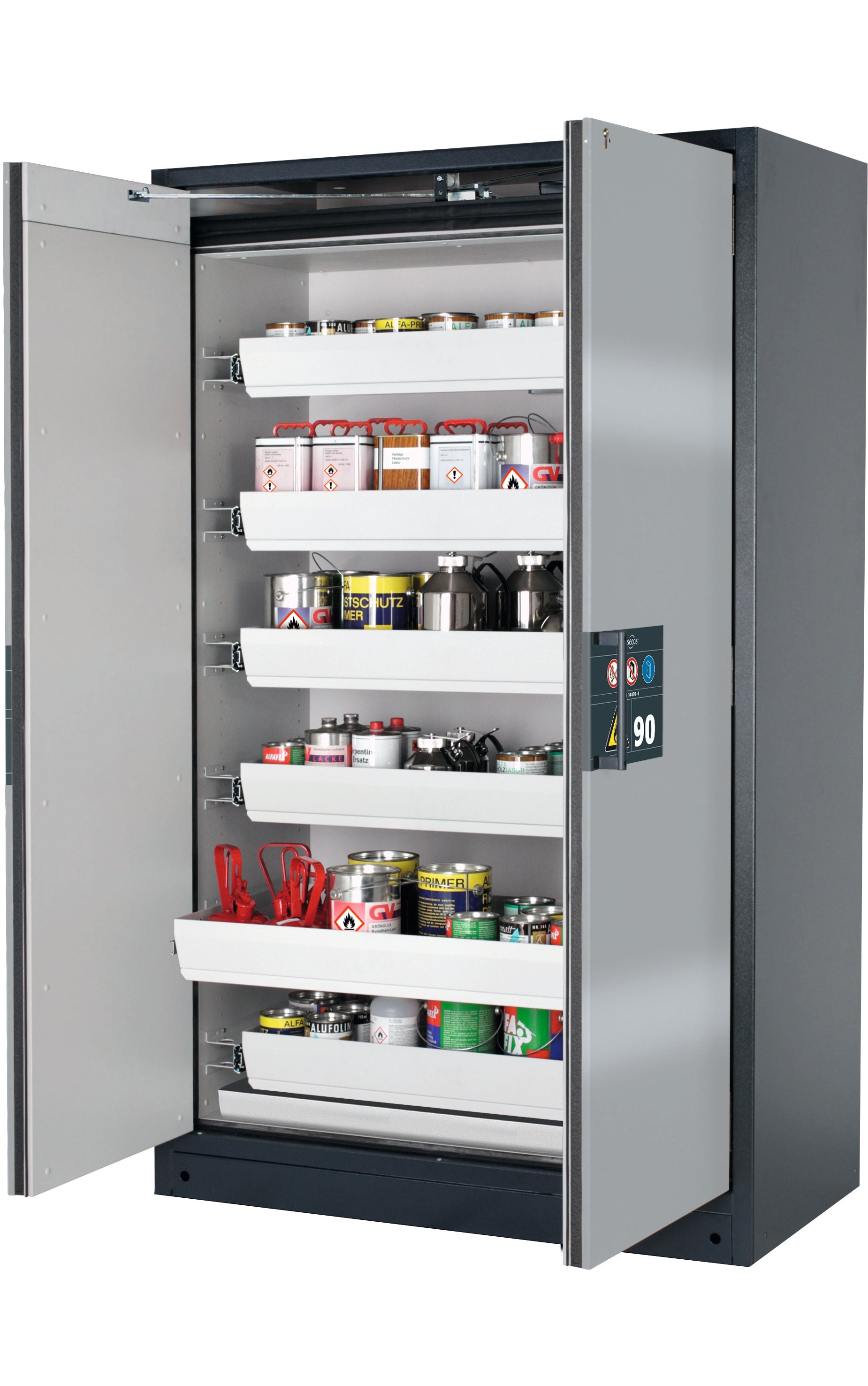 Type 90 safety storage cabinet Q-PEGASUS-90 model Q90.195.120.WDAC in asecos silver with 6x drawer (standard) (sheet steel),
