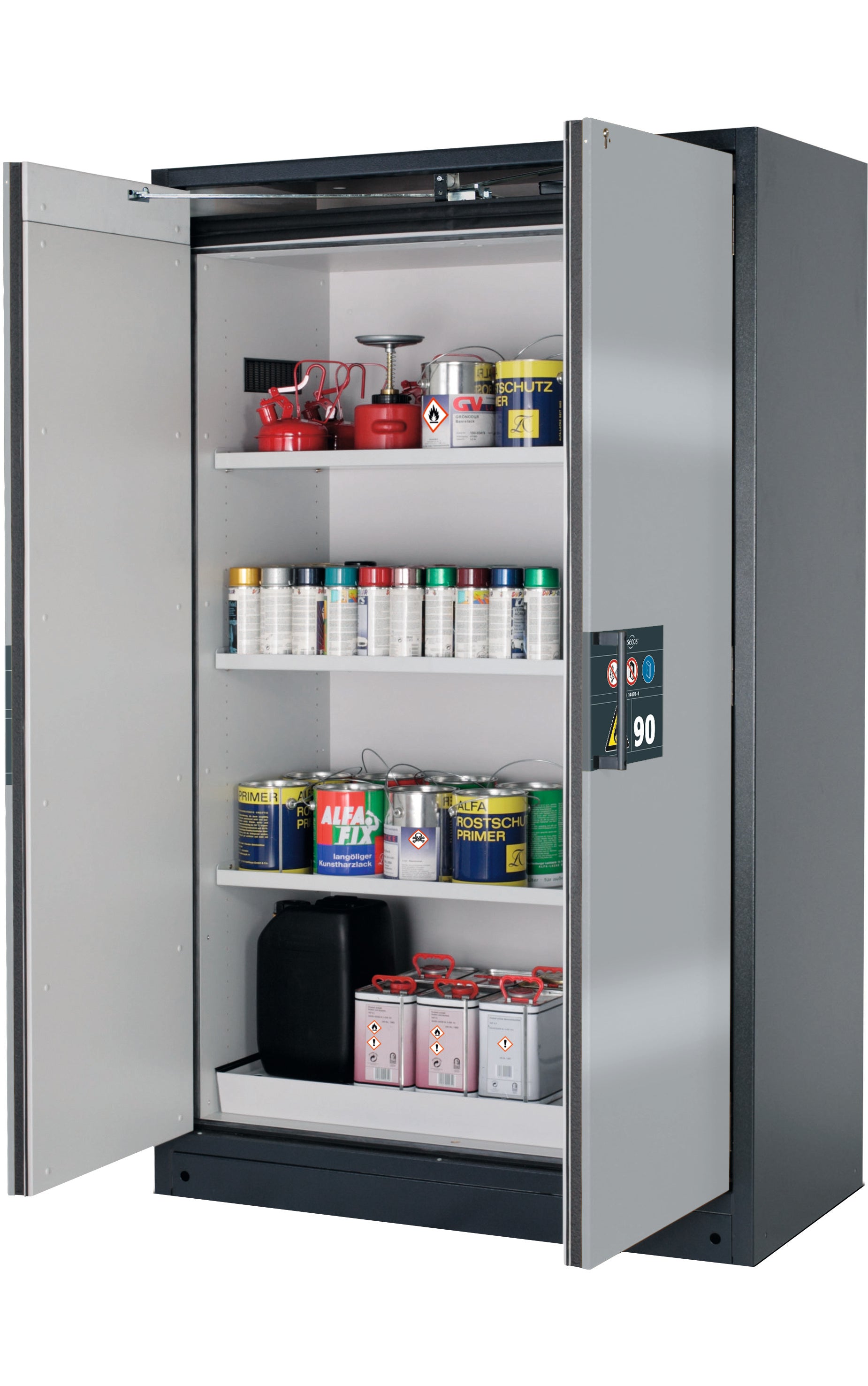Type 90 safety storage cabinet Q-PEGASUS-90 model Q90.195.120.WDAC in asecos silver with 3x shelf standard (sheet steel),