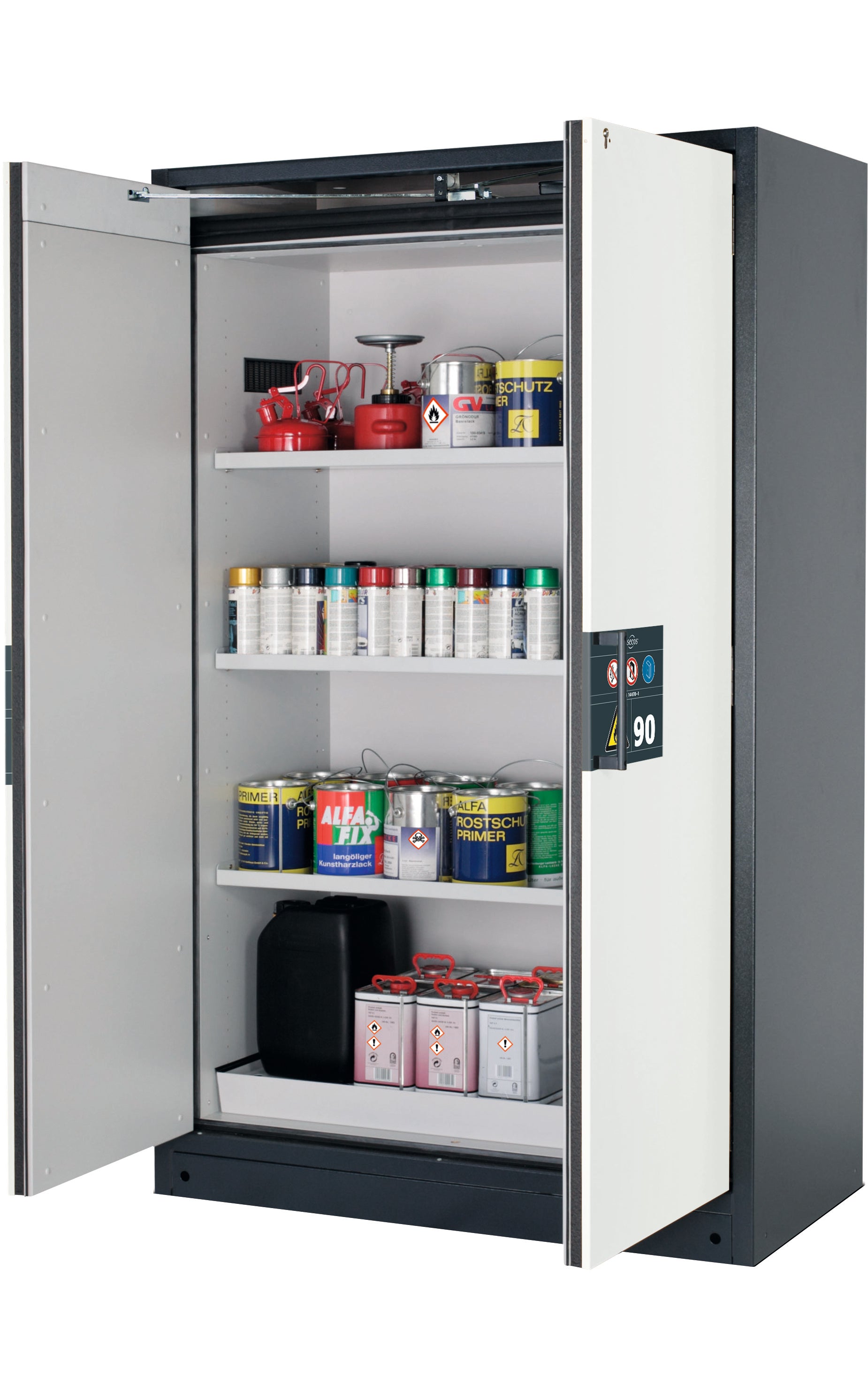 Type 90 safety storage cabinet Q-PEGASUS-90 model Q90.195.120.WDAC in pure white RAL 9010 with 3x shelf standard (sheet steel),