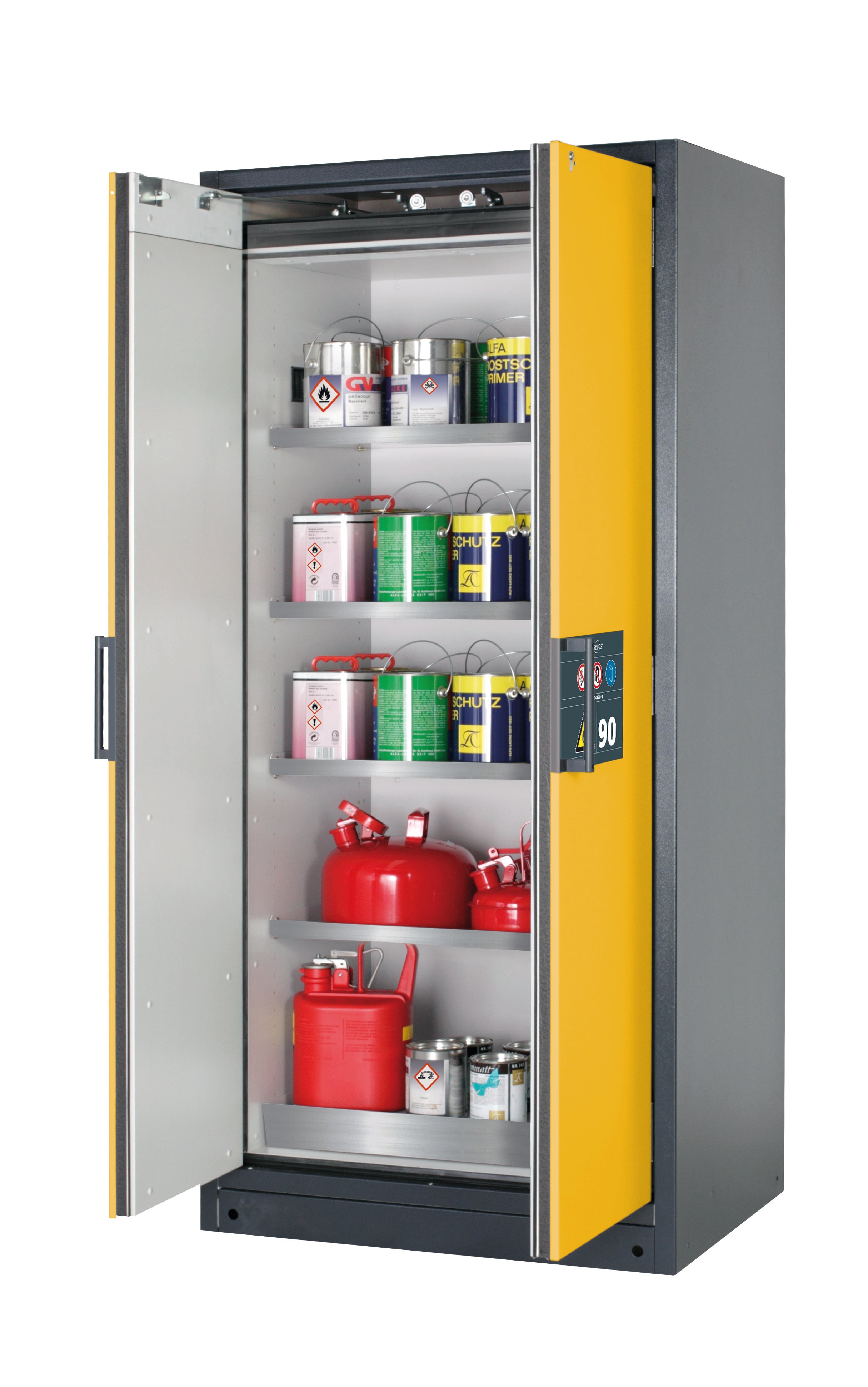 Type 90 safety storage cabinet Q-CLASSIC-90 model Q90.195.090 in warning yellow RAL 1004 with 4x shelf standard (stainless steel 1.4301),