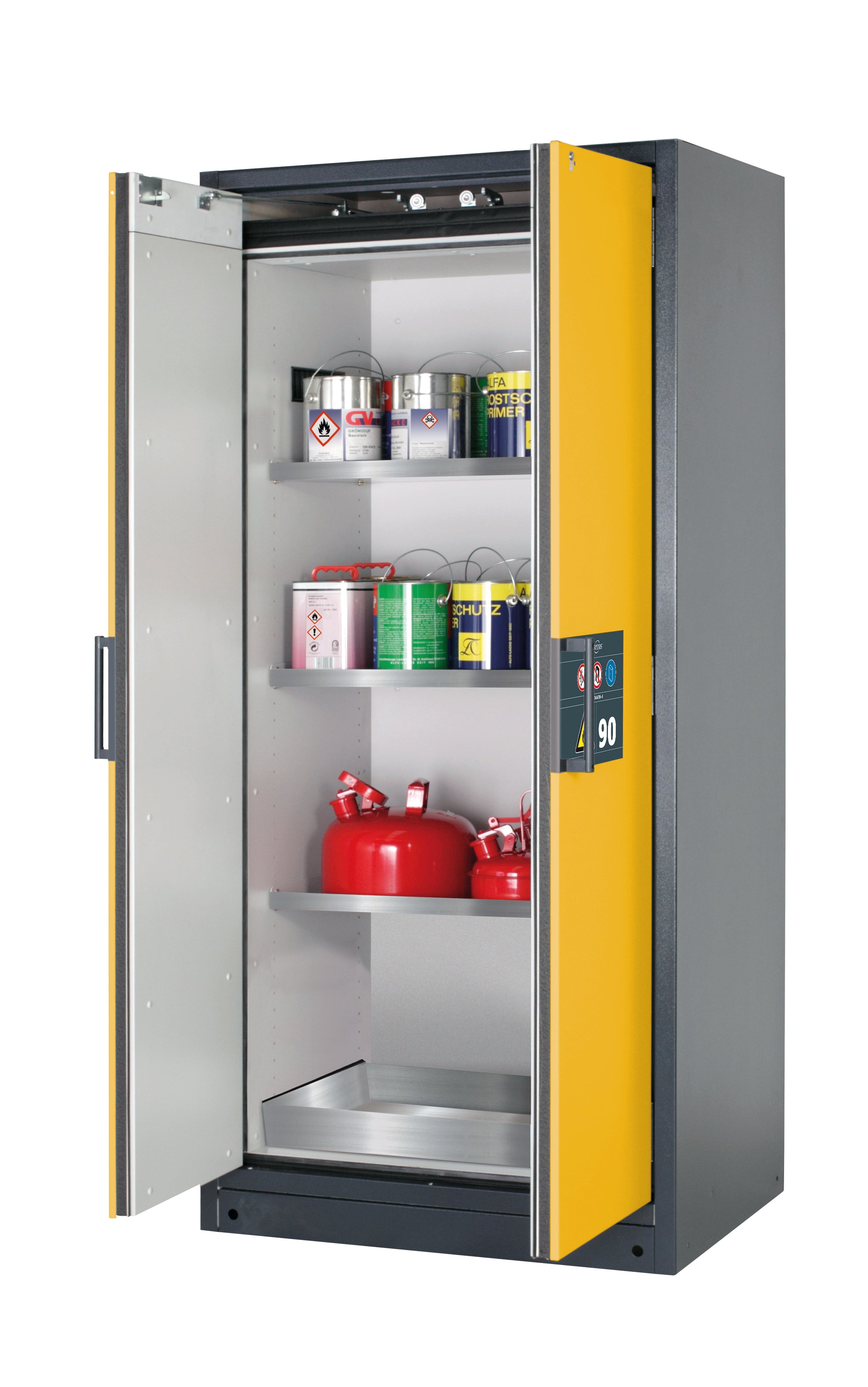 Type 90 safety storage cabinet Q-CLASSIC-90 model Q90.195.090 in warning yellow RAL 1004 with 3x shelf standard (stainless steel 1.4301),