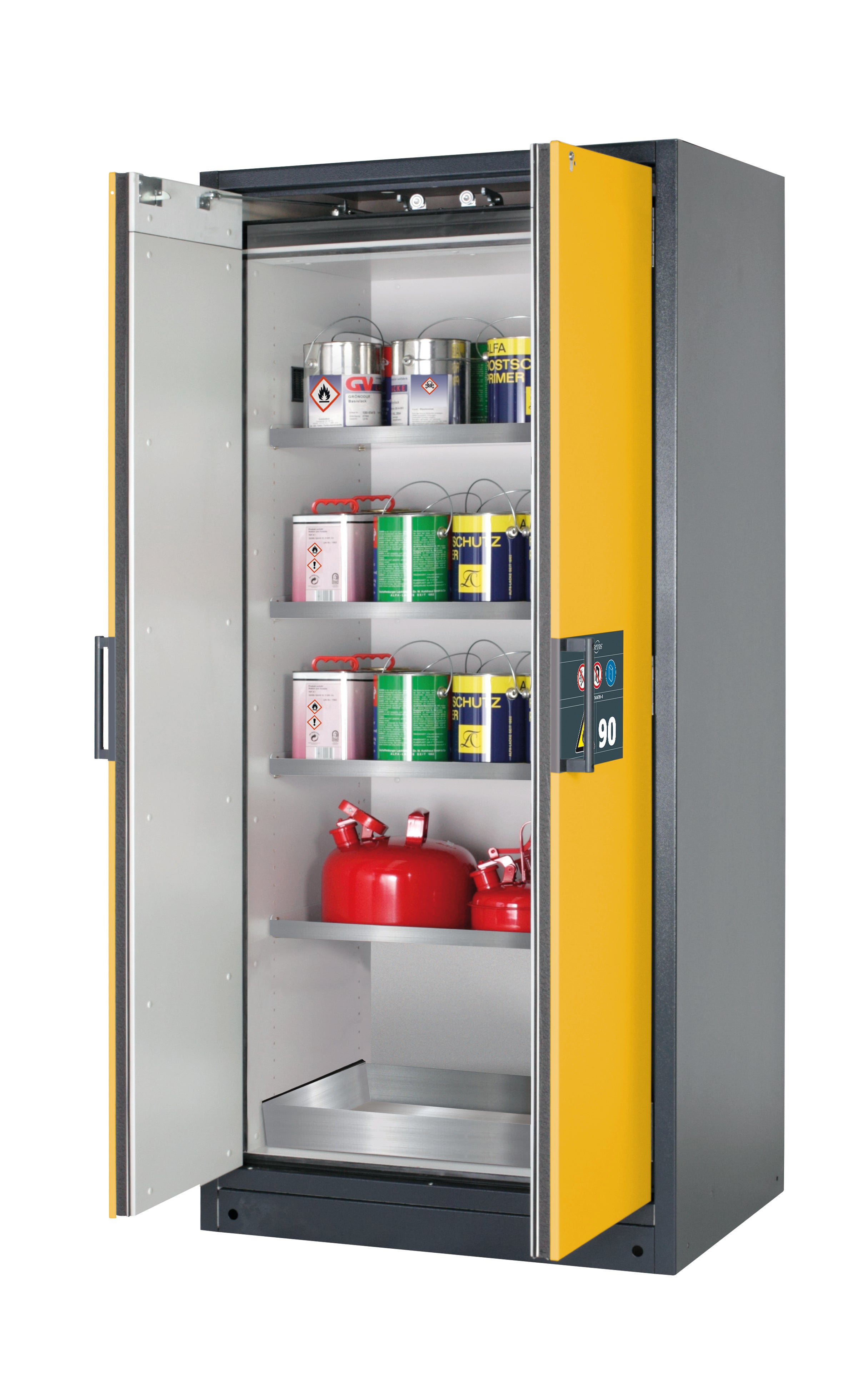 Type 90 safety storage cabinet Q-CLASSIC-90 model Q90.195.090 in warning yellow RAL 1004 with 4x shelf standard (stainless steel 1.4301),