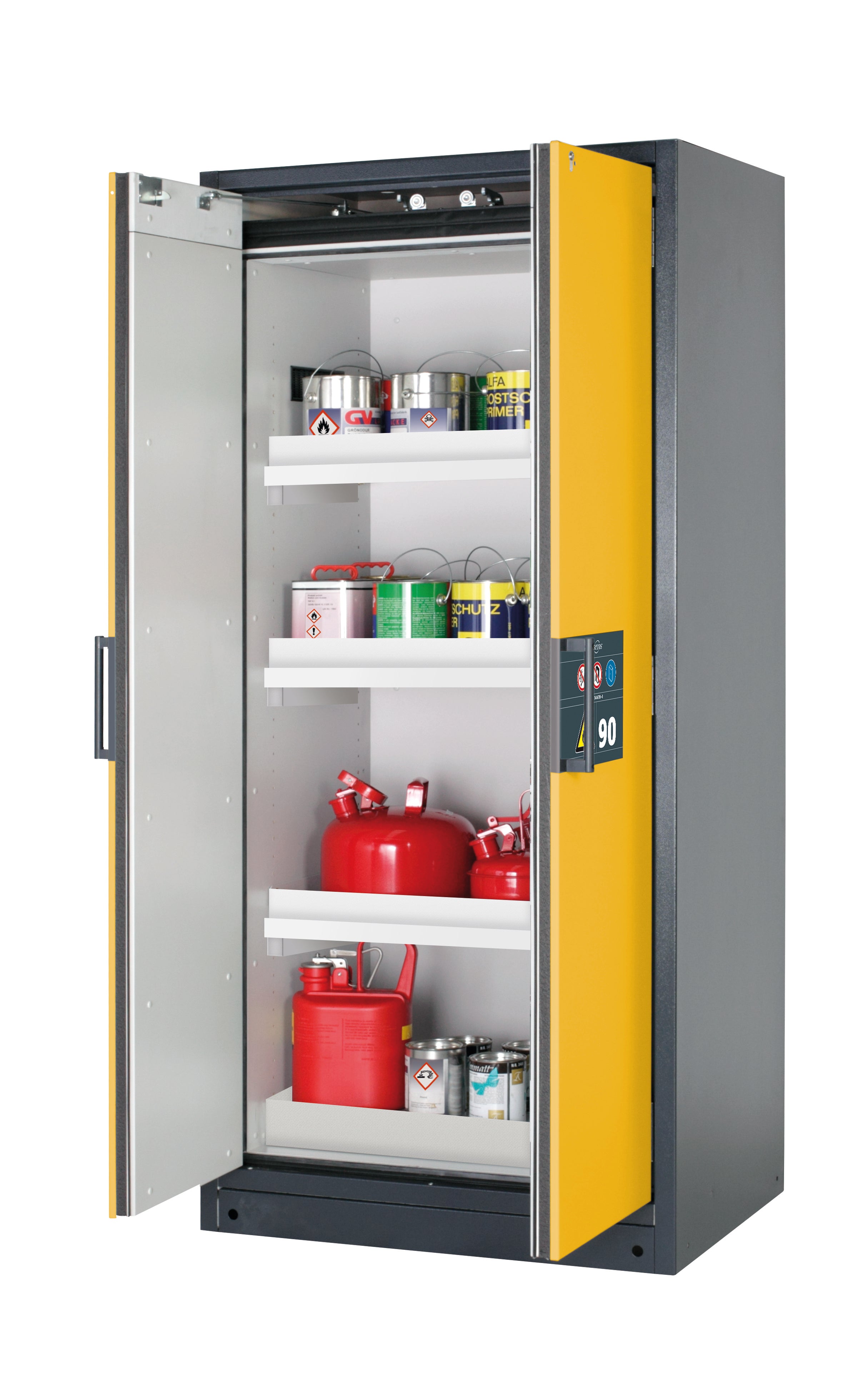 Type 90 safety storage cabinet Q-CLASSIC-90 model Q90.195.090 in warning yellow RAL 1004 with 3x tray shelf (standard) (polypropylene),