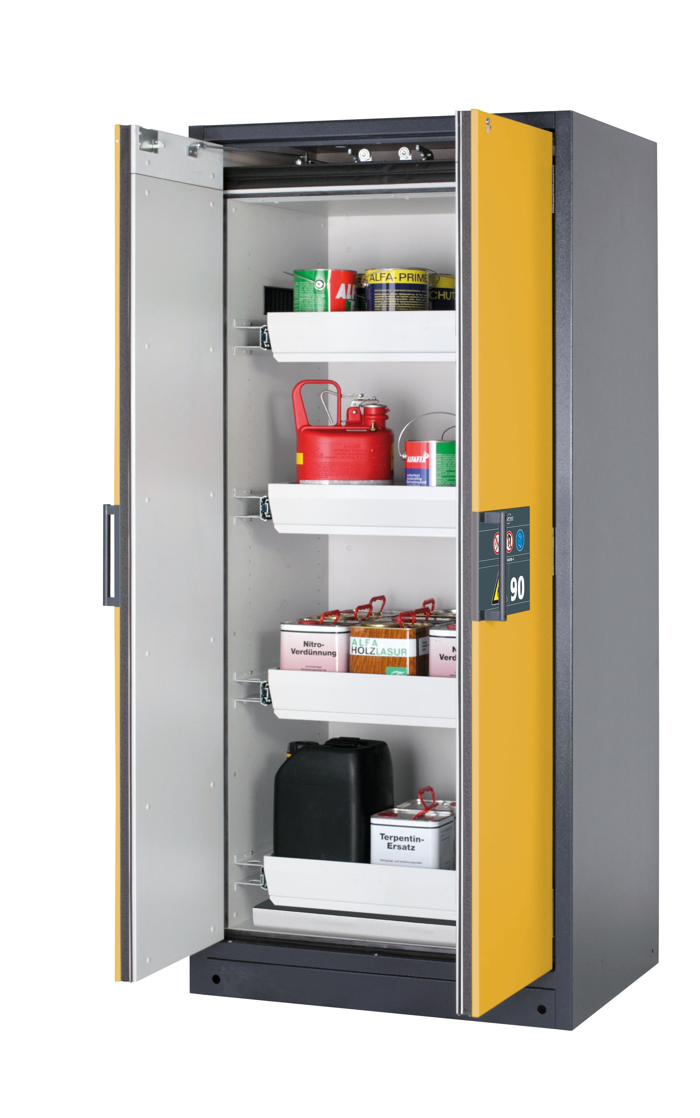 Type 90 safety storage cabinet Q-CLASSIC-90 model Q90.195.090 in warning yellow RAL 1004 with 4x drawer (standard) (sheet steel),